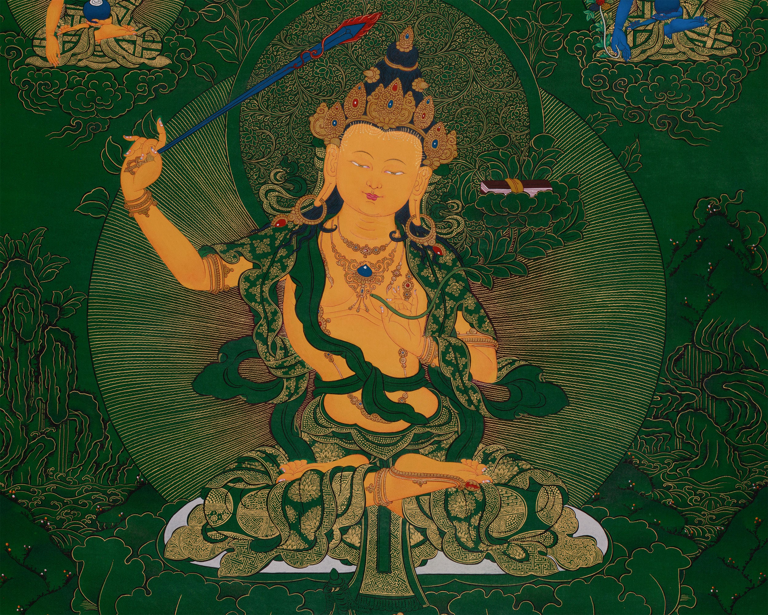 Tibetan Manjushri on Green Canvas | Wisdom Deity with Shakyamuni, Medicine Buddha, and Namtoshe