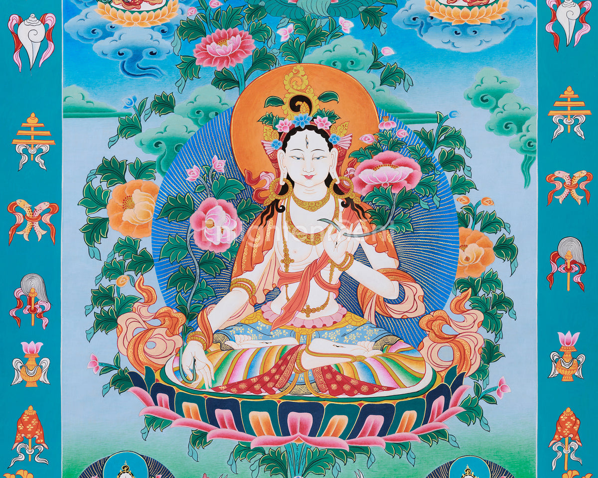 Goddess White Tara Thangka Art | Tibetan Buddhist Healing Artwork | Sita Tara