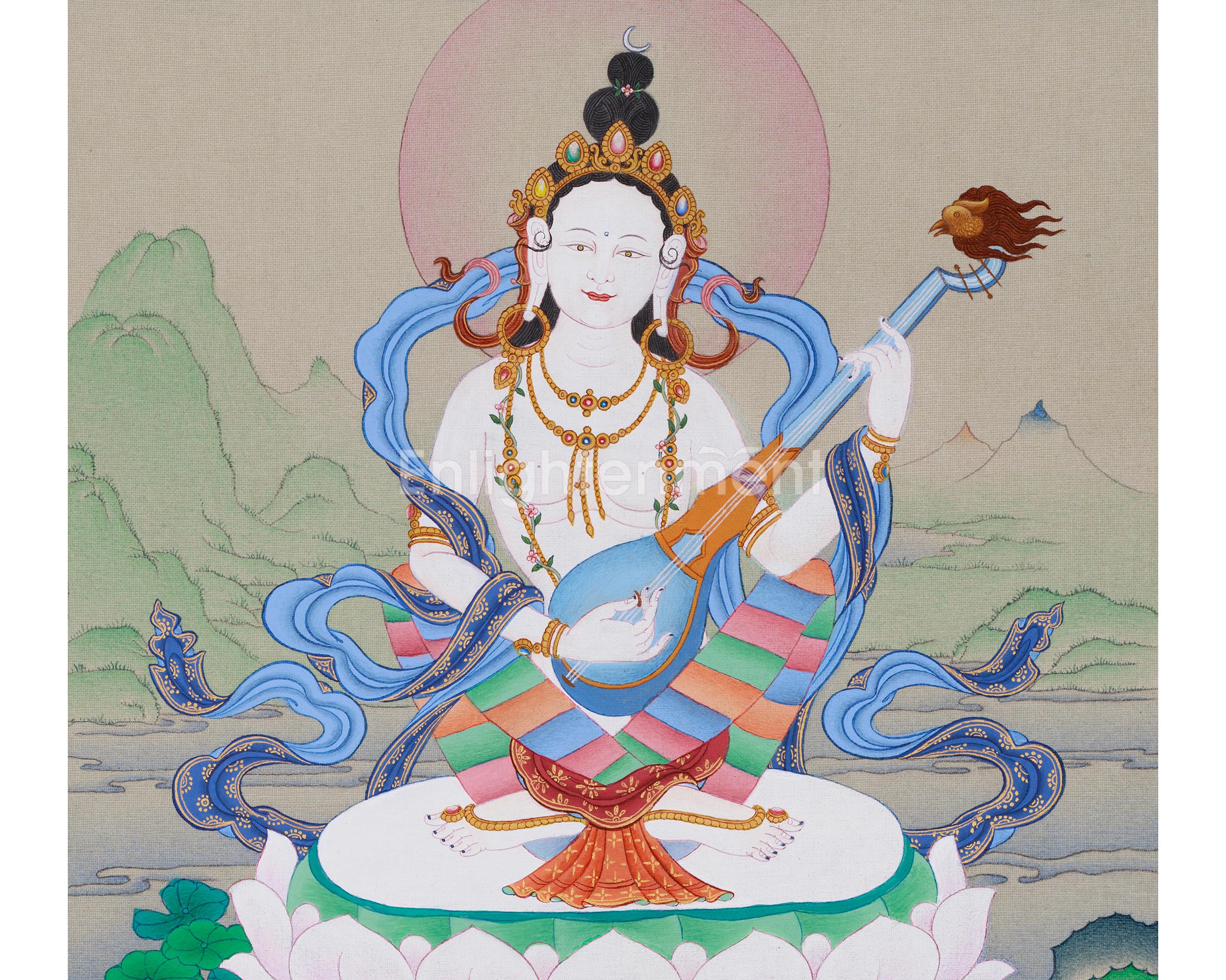 Wisdom Goddess Saraswati | A Sacred Thangka of Knowledge and Creativity