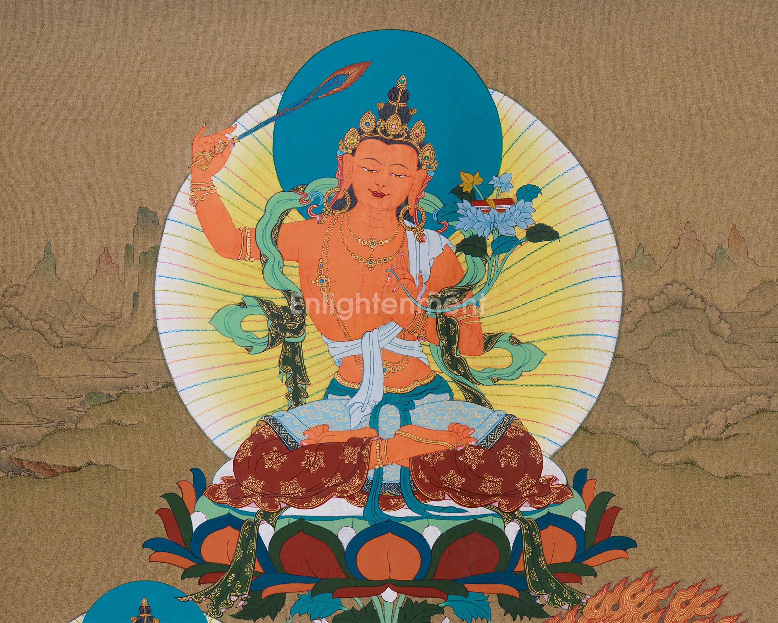 Tibetan Thangka of Wisdom Buddha Manjushri | Guardian of Knowledge and Enlightenment