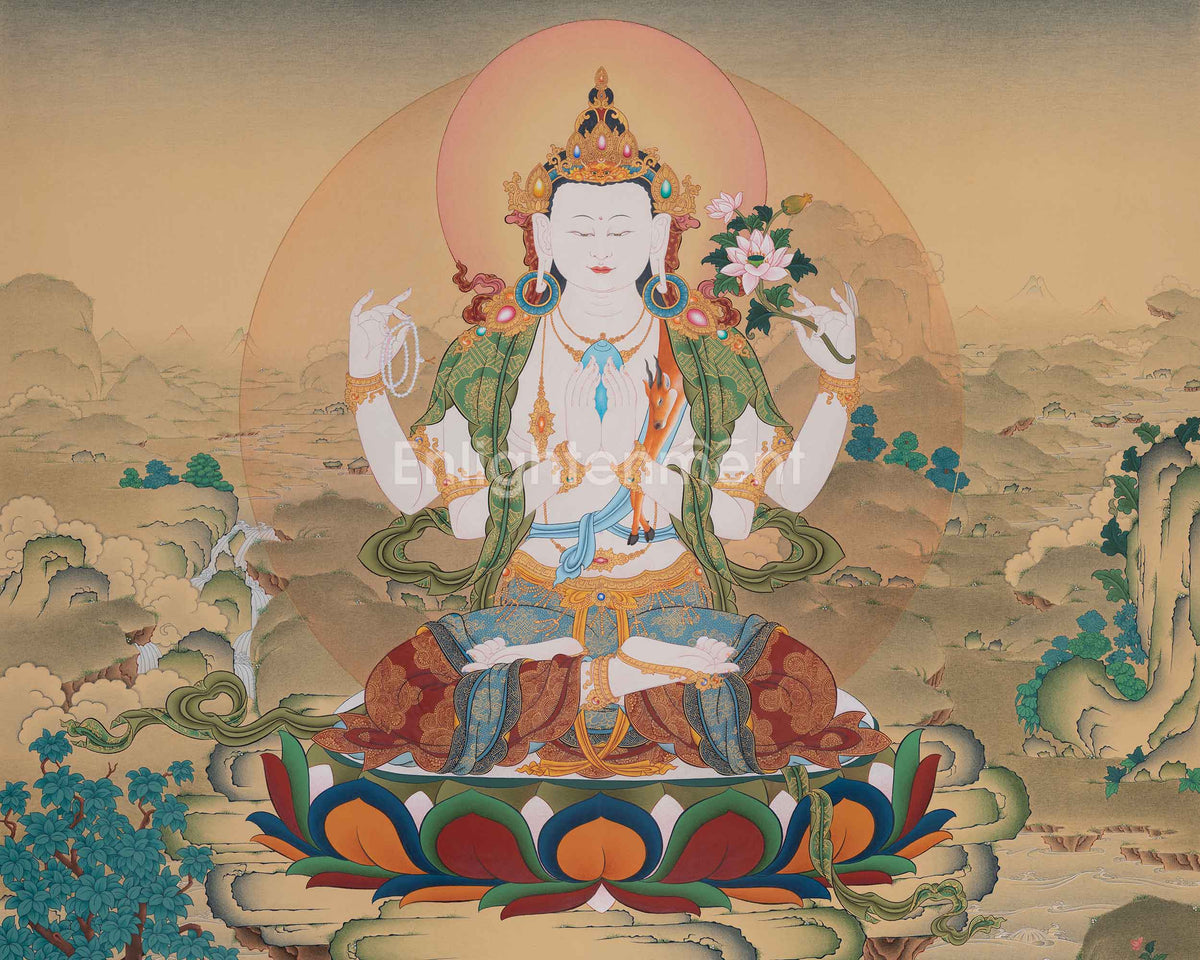 Tibetan Four-Armed Chenrezig Thangka | Chaturbhuja Avalokiteshvara