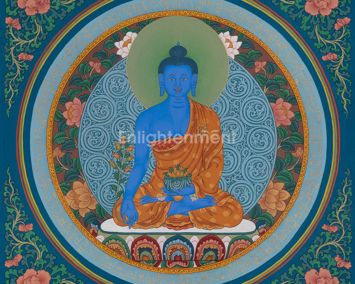 Medicine Buddha Sacred Thangka | Bhaisajyaguru Art | Healing and Protection Deity