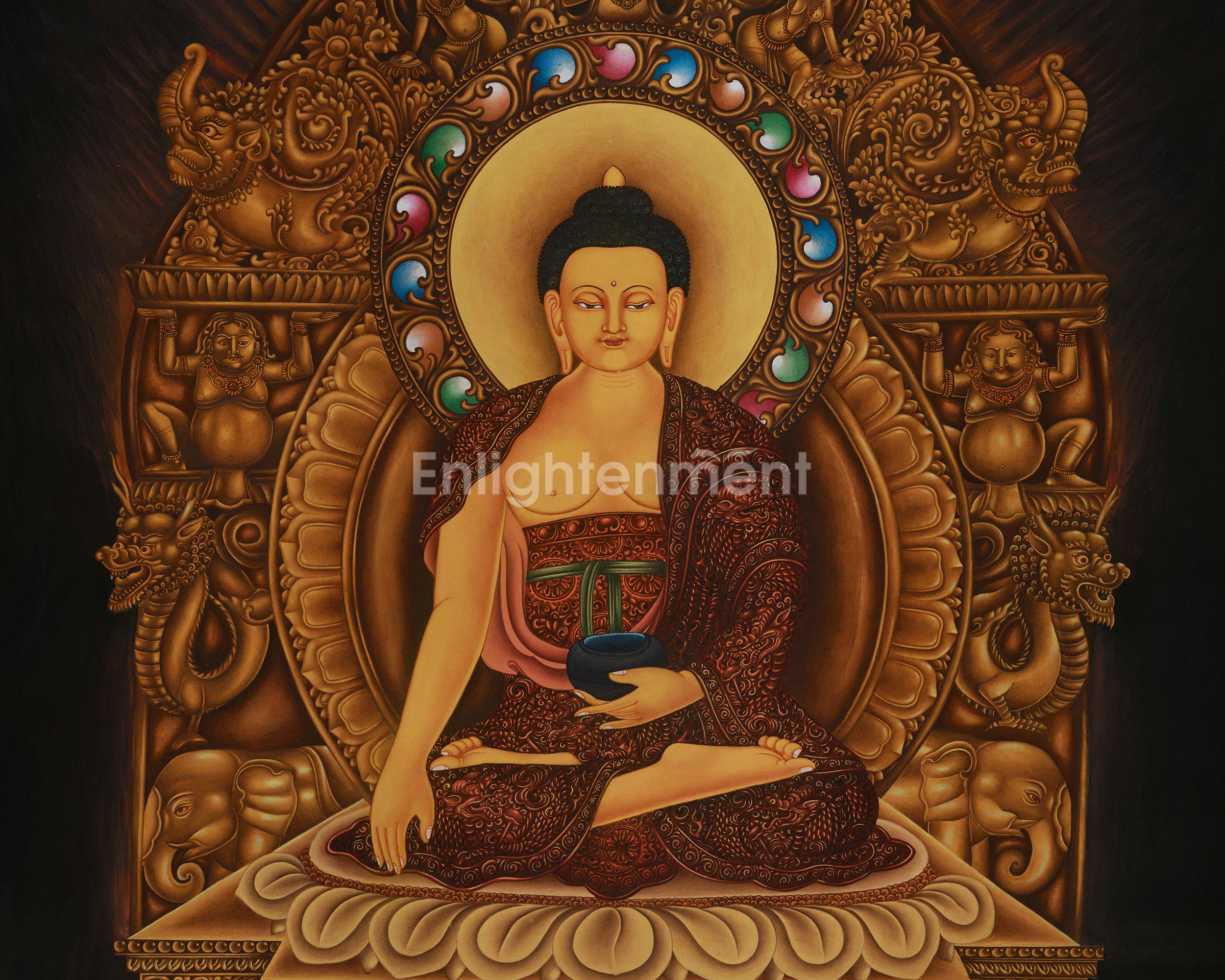 Peaceful Shakyamuni Buddha Thangka | Seated on His Majestic Throne