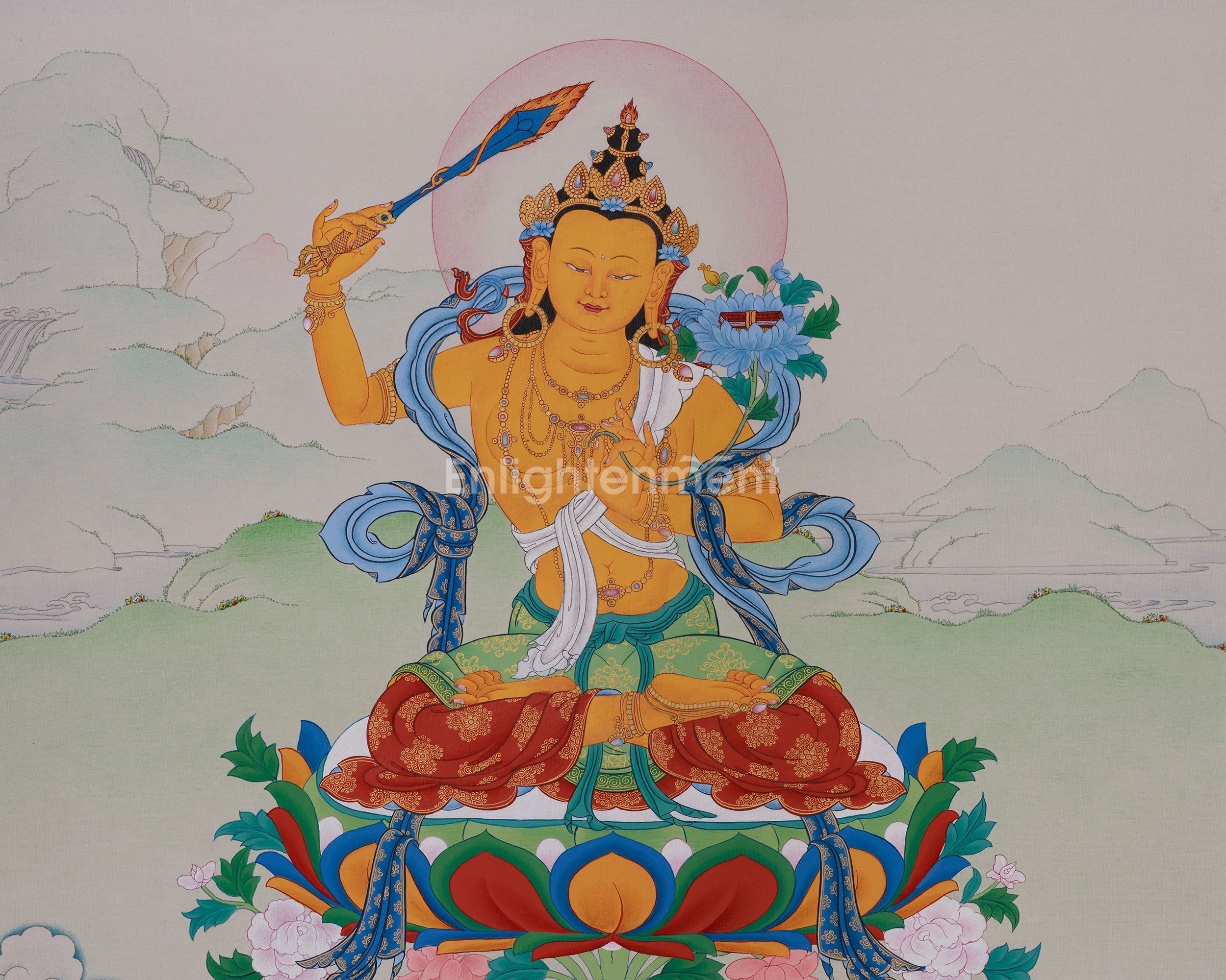 Enlightened Monju Bosatsu (Manjushri) Thangka | Master of Philosophy and Teachings
