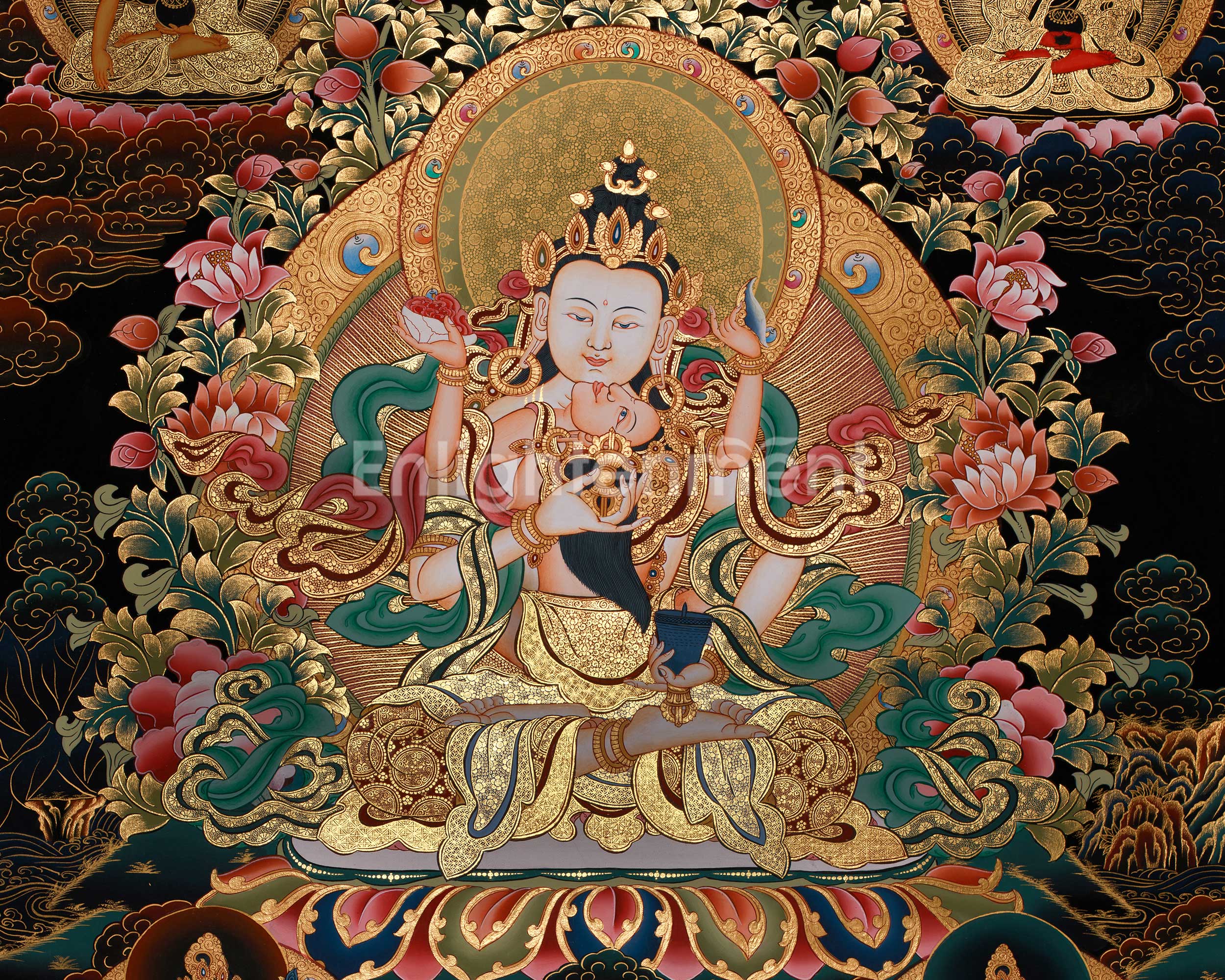 Unique Tibetan Vajrasattva and Consort Thangka | Spiritual Masterpiece with Gold Accents