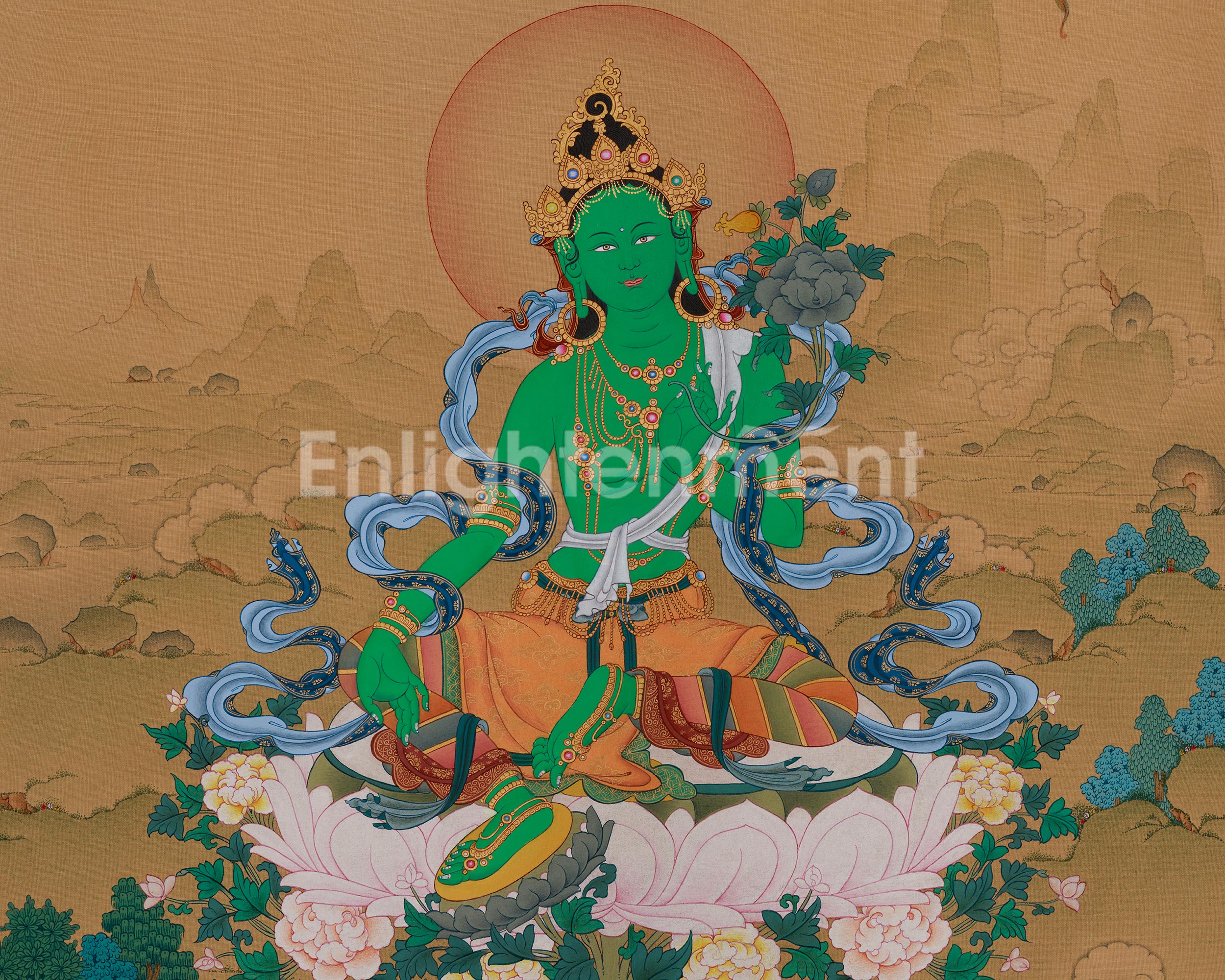Divine Thangka of Green Tara with Amitabha Buddha | Goddess of Compassion