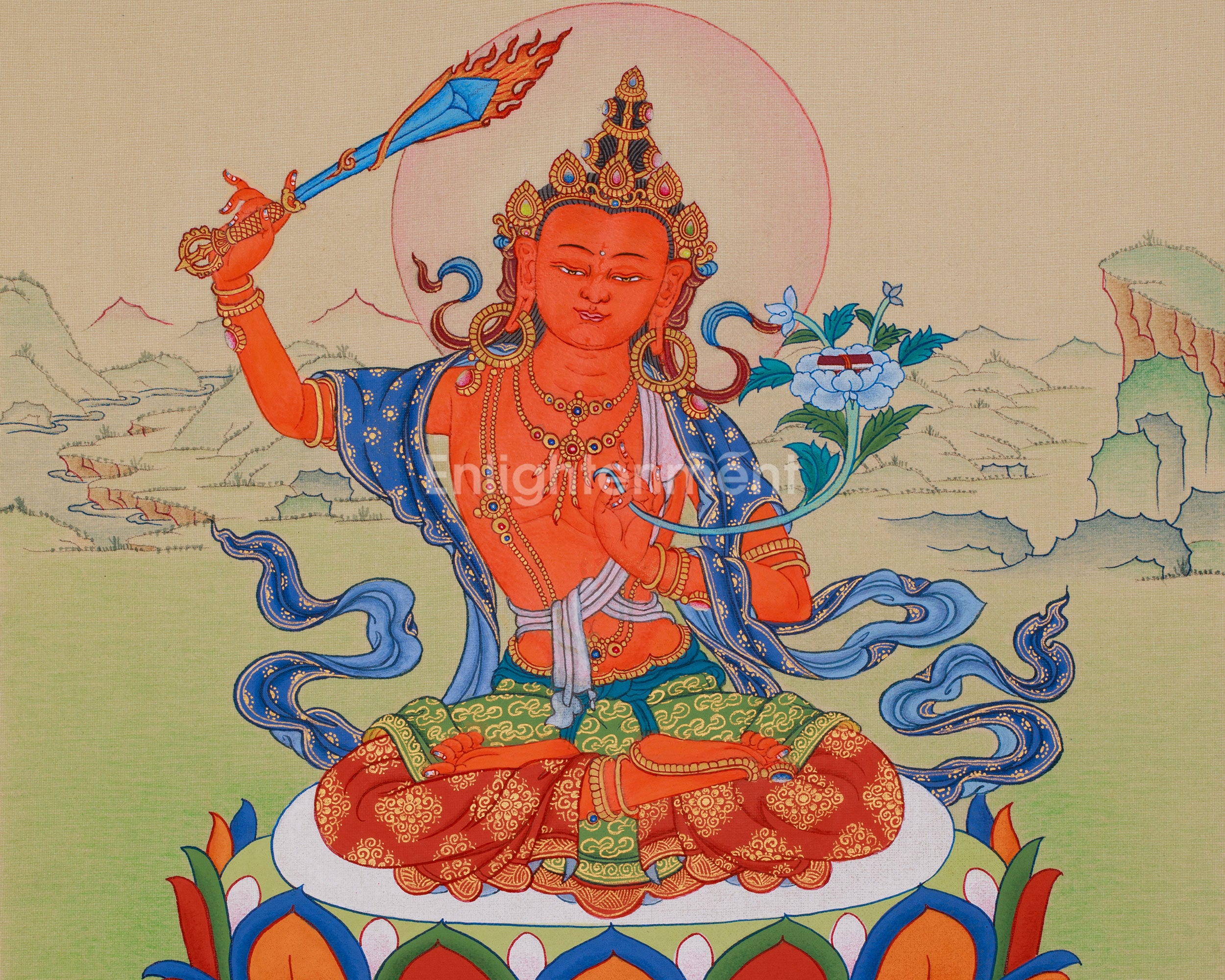 Sacred Thangka Of Manjushri | Bodhisattva Art | Meditation Altar