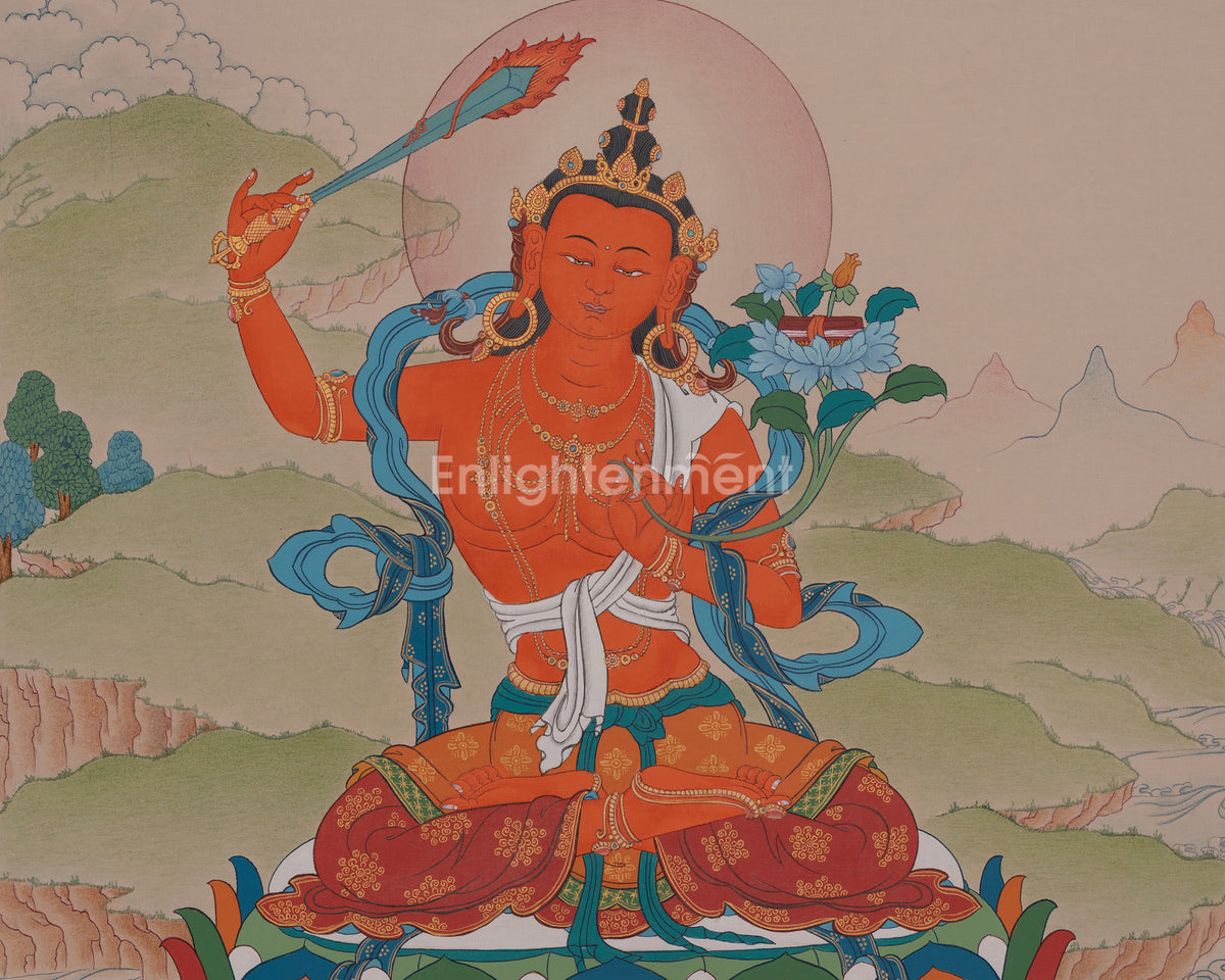 Spiritual Manjushri Artwork | Enlightened Wisdom Deity | Traditional Thangka