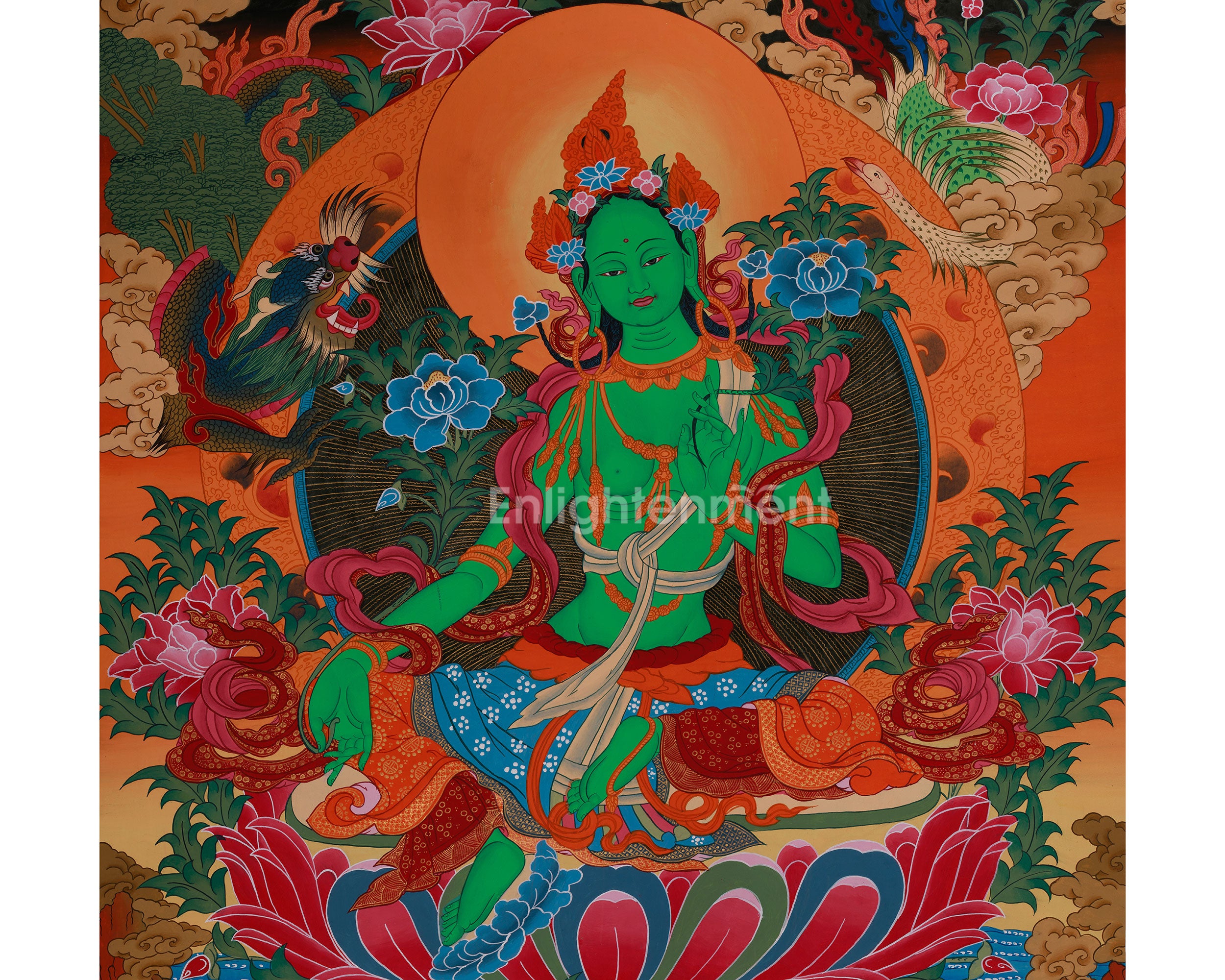 Spiritual Thangka Of Green Tara | Peace And Healing Art | Meditation Altar