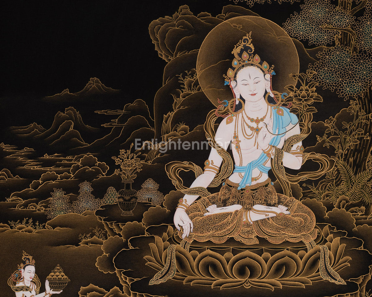 White Tara Gold on Black Thangka | Traditional Nakthang Artwork | Sita Tara