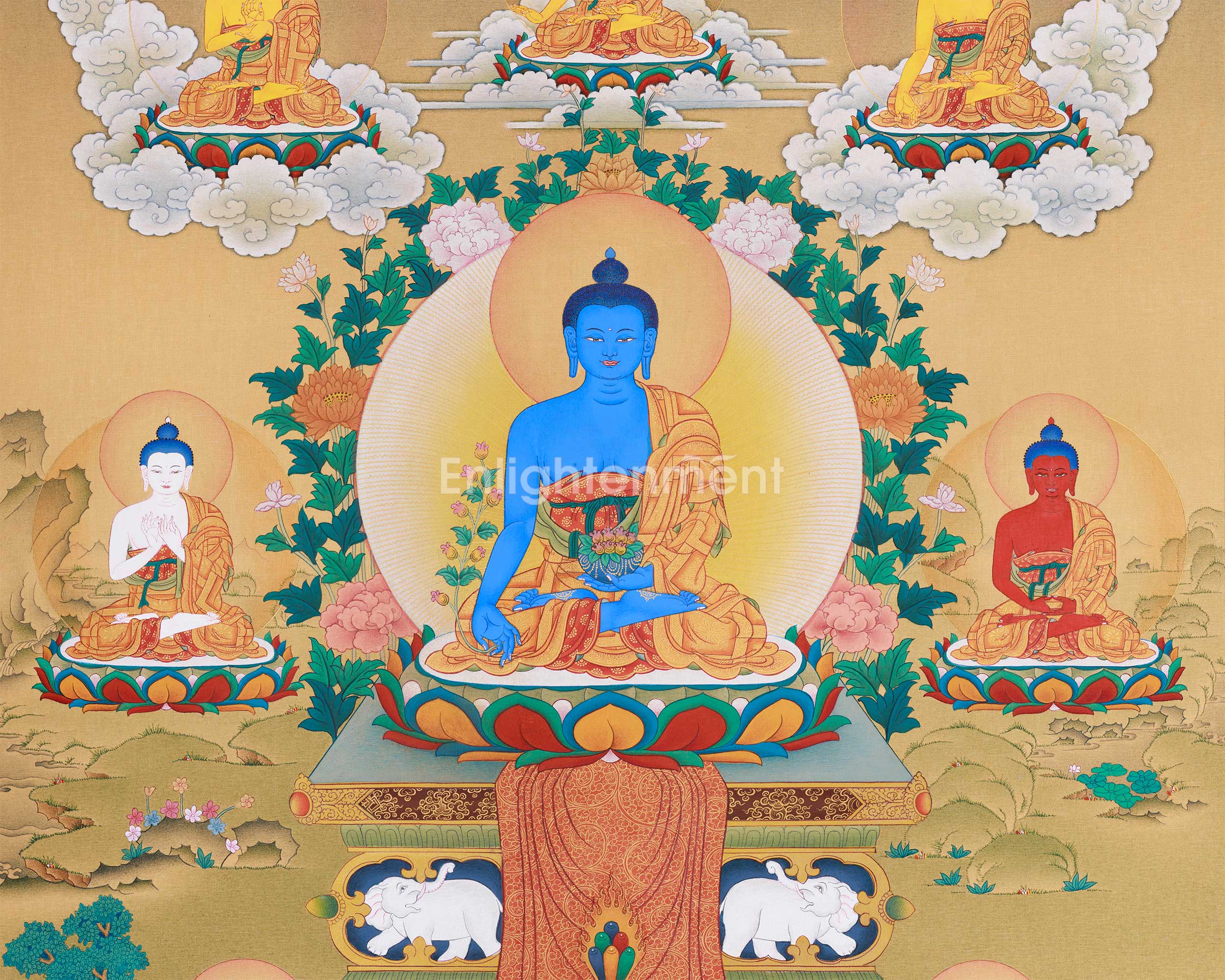 Exquisite 8 Medicine Buddha Thangka | Healing Deities Artwork with Gold & Natural Colors