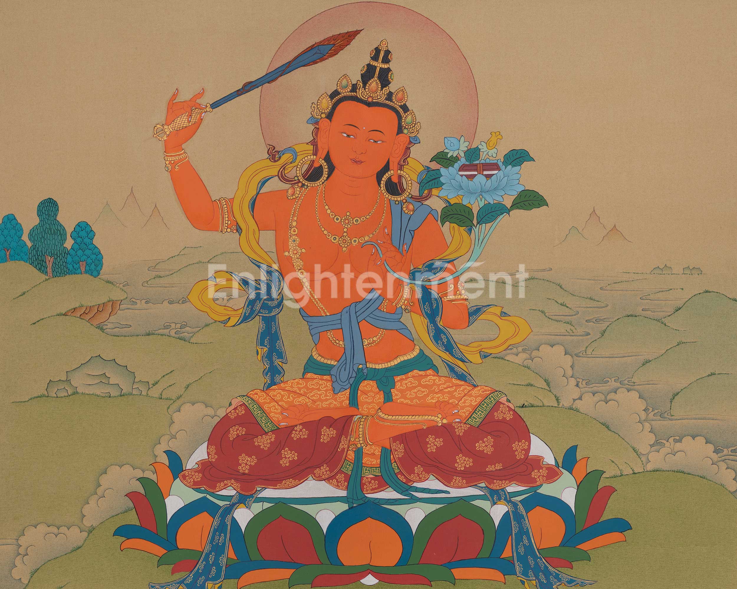 Manjushri Sacred Thangka | Sword of Wisdom Artwork | Jampalyang Art