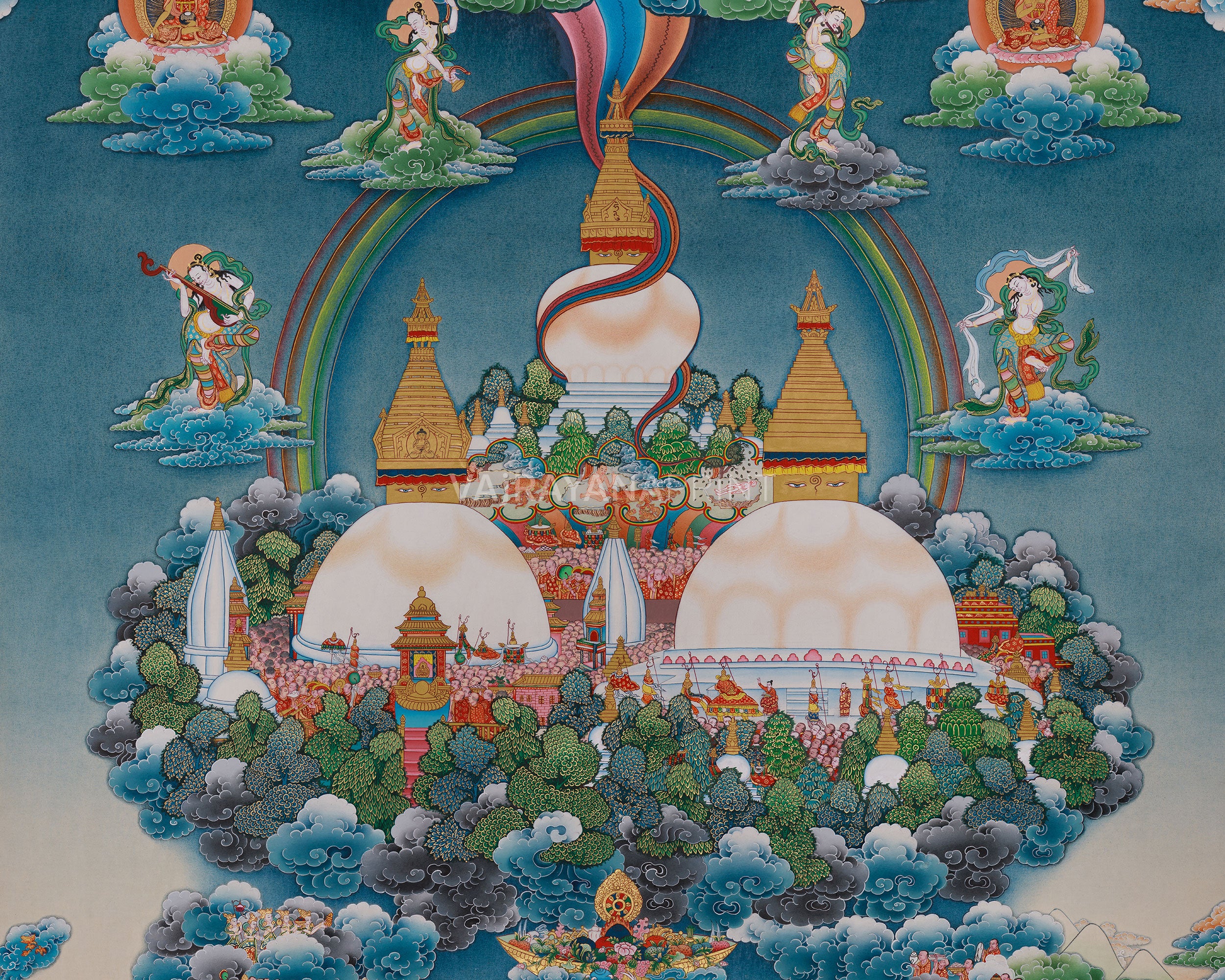 Five Buddha and Boudha Stupa Thangka, Tibetan Meditation Wall Art