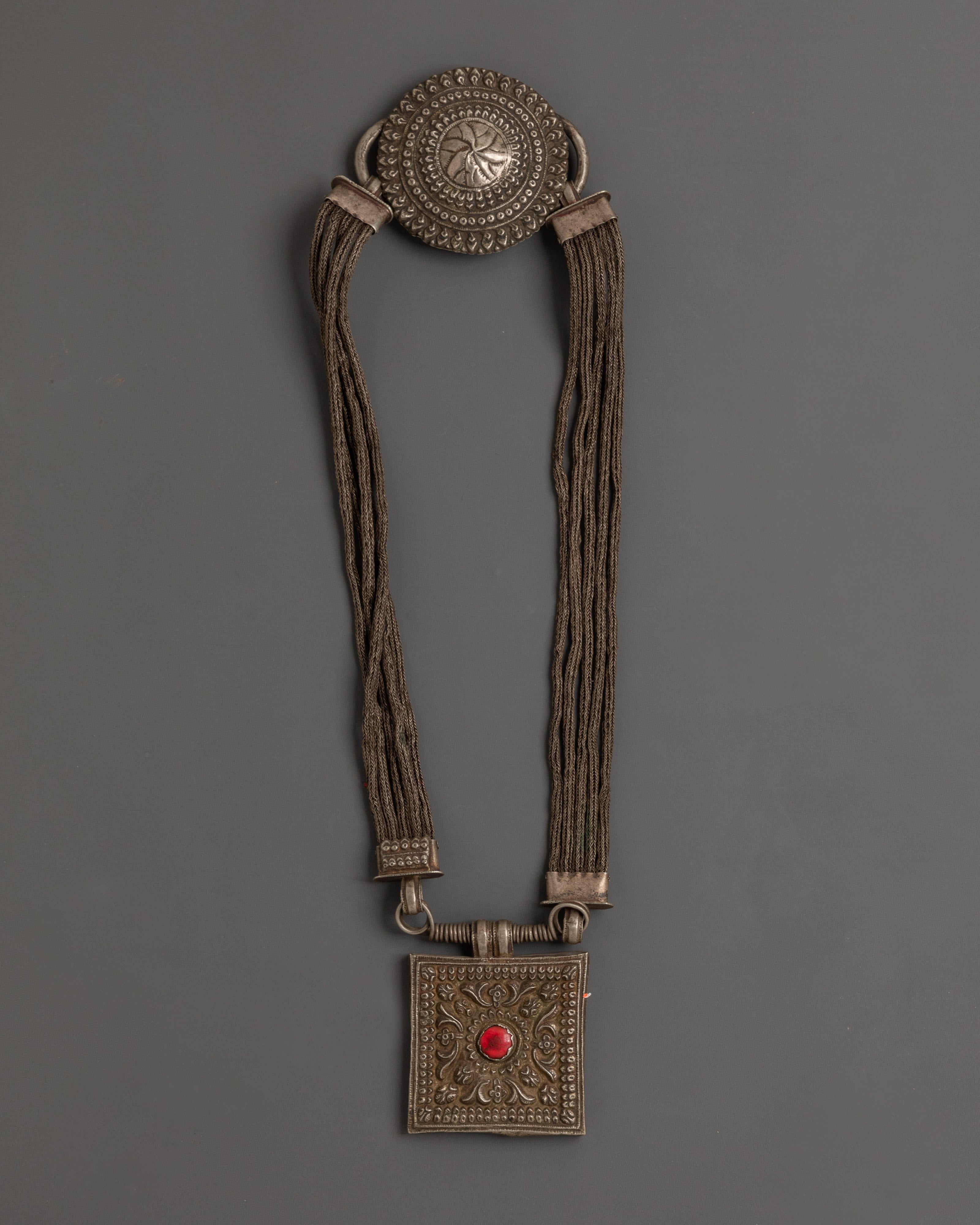 Handcrafted Tribal Necklace | Silver Pendant with Red Coral Gemstone