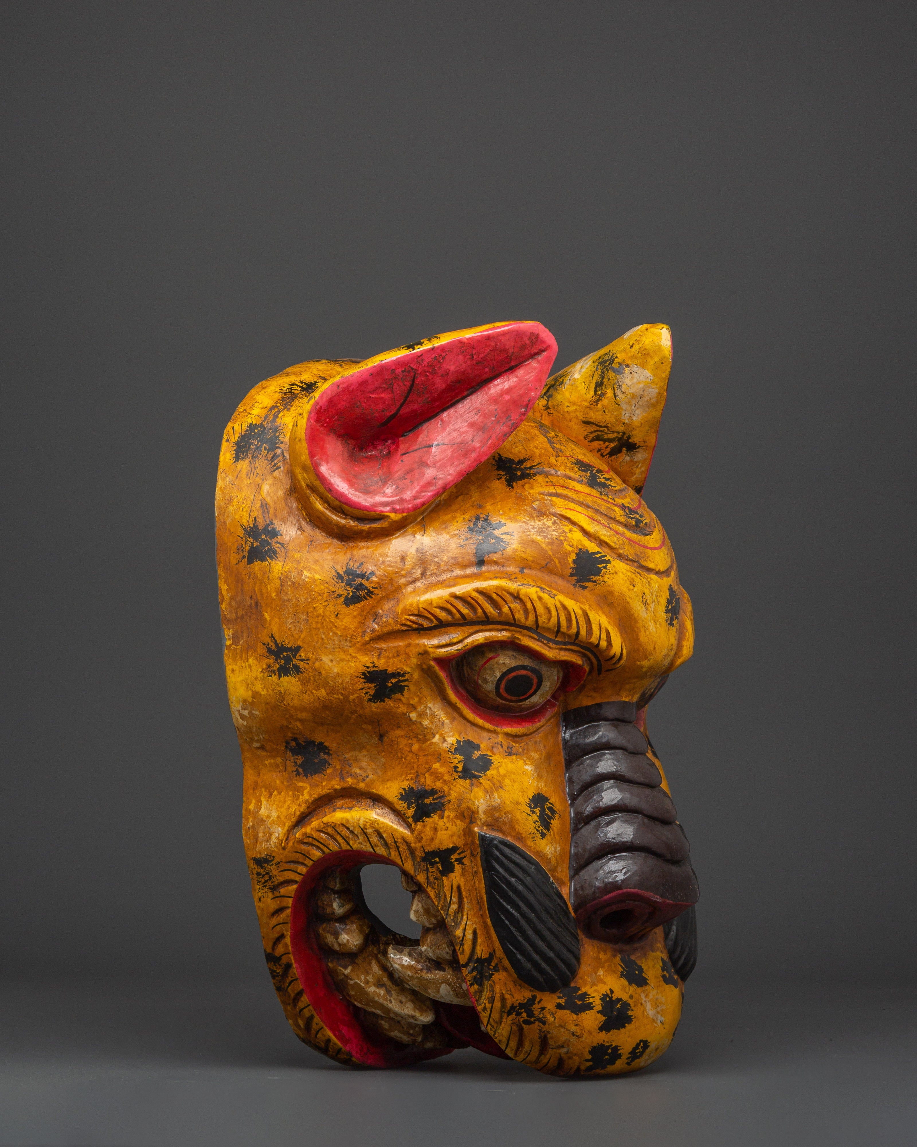 Handcrafted Leopard Wall Mask in Painted Wood | Himalayan Animal Spirit Decor