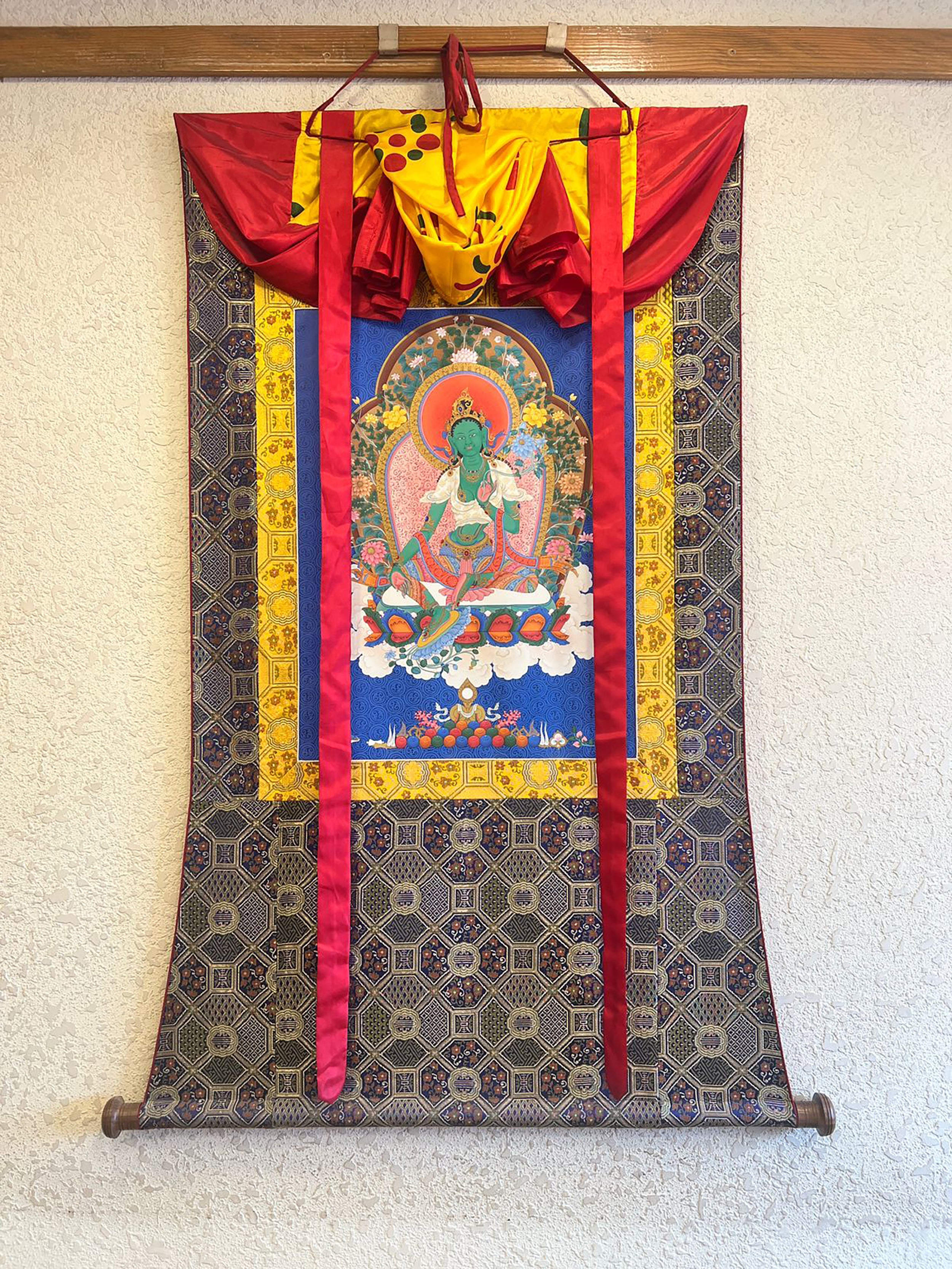 Thangka of Green Tara | Compassion and Protection | Silk Brocade Mounted