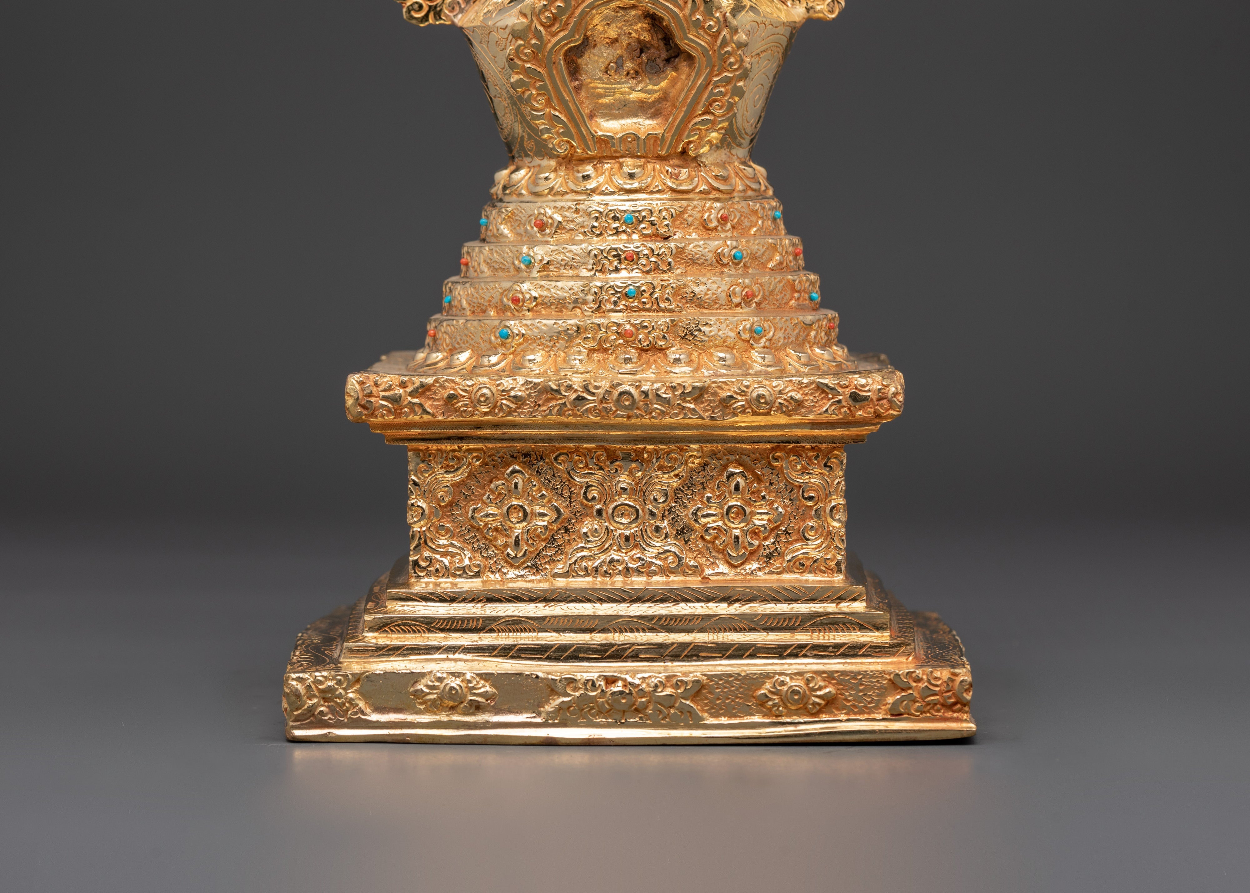 Gold-Plated Stupa Ritual Artifact | Handcrafted Copper Tibetan Stupa with Turquoise