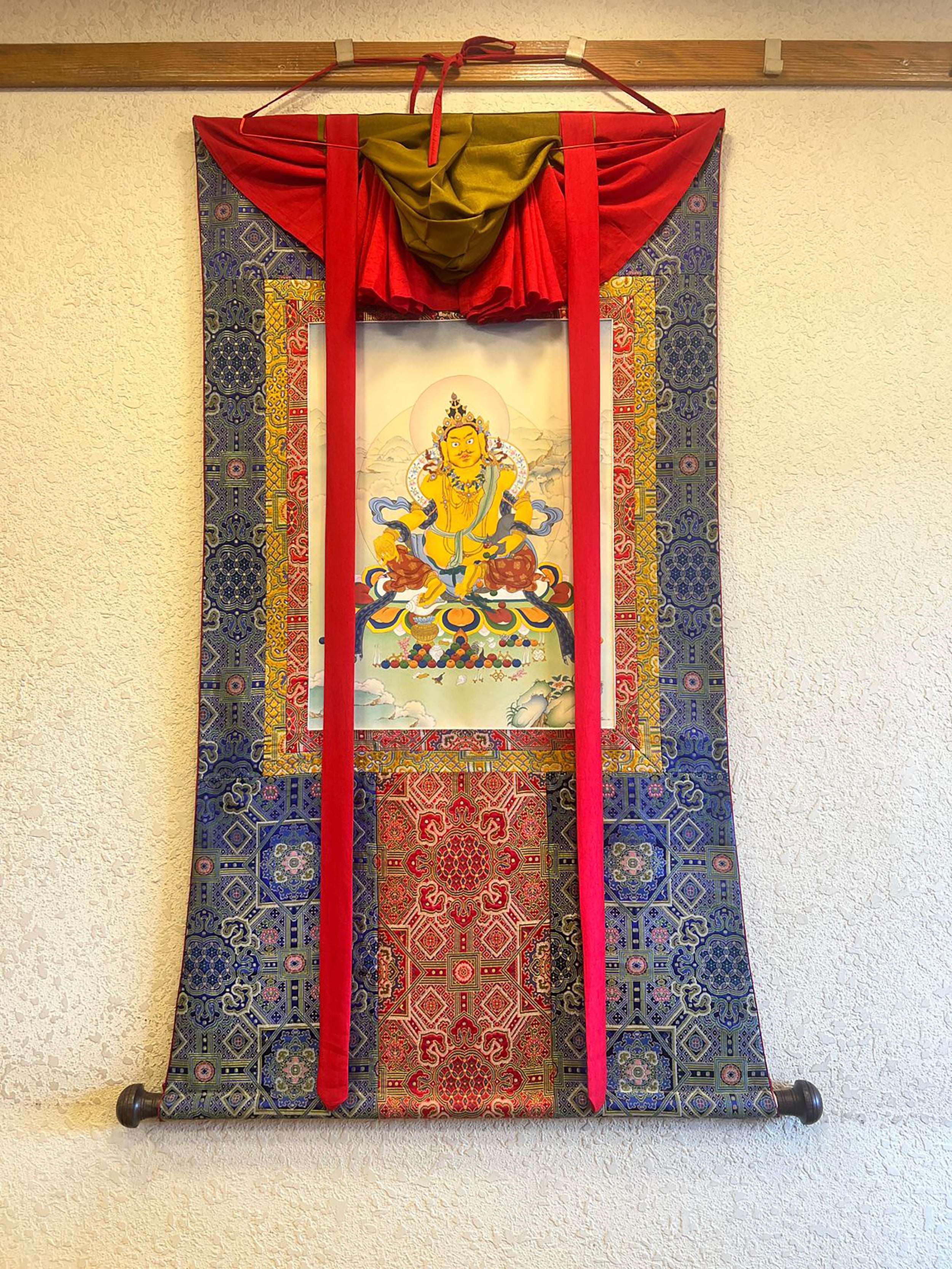 Tibetan Jambhala Thangka | Hand-Painted Art of Abundance | Brocade Mounted