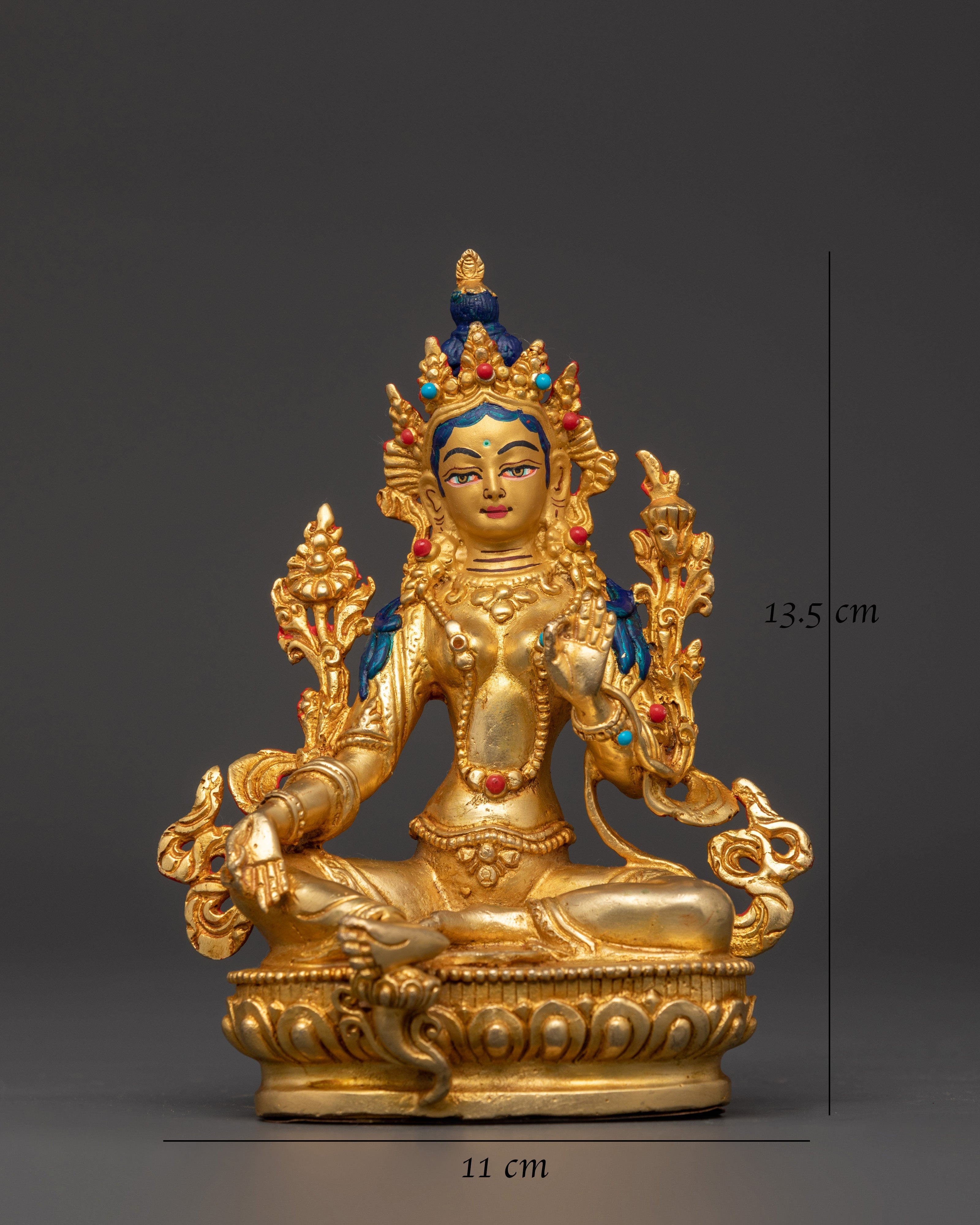 Green Tara Tibetan Goddess Statue | Gold Plated Copper Figurine with Turquoise and Coral