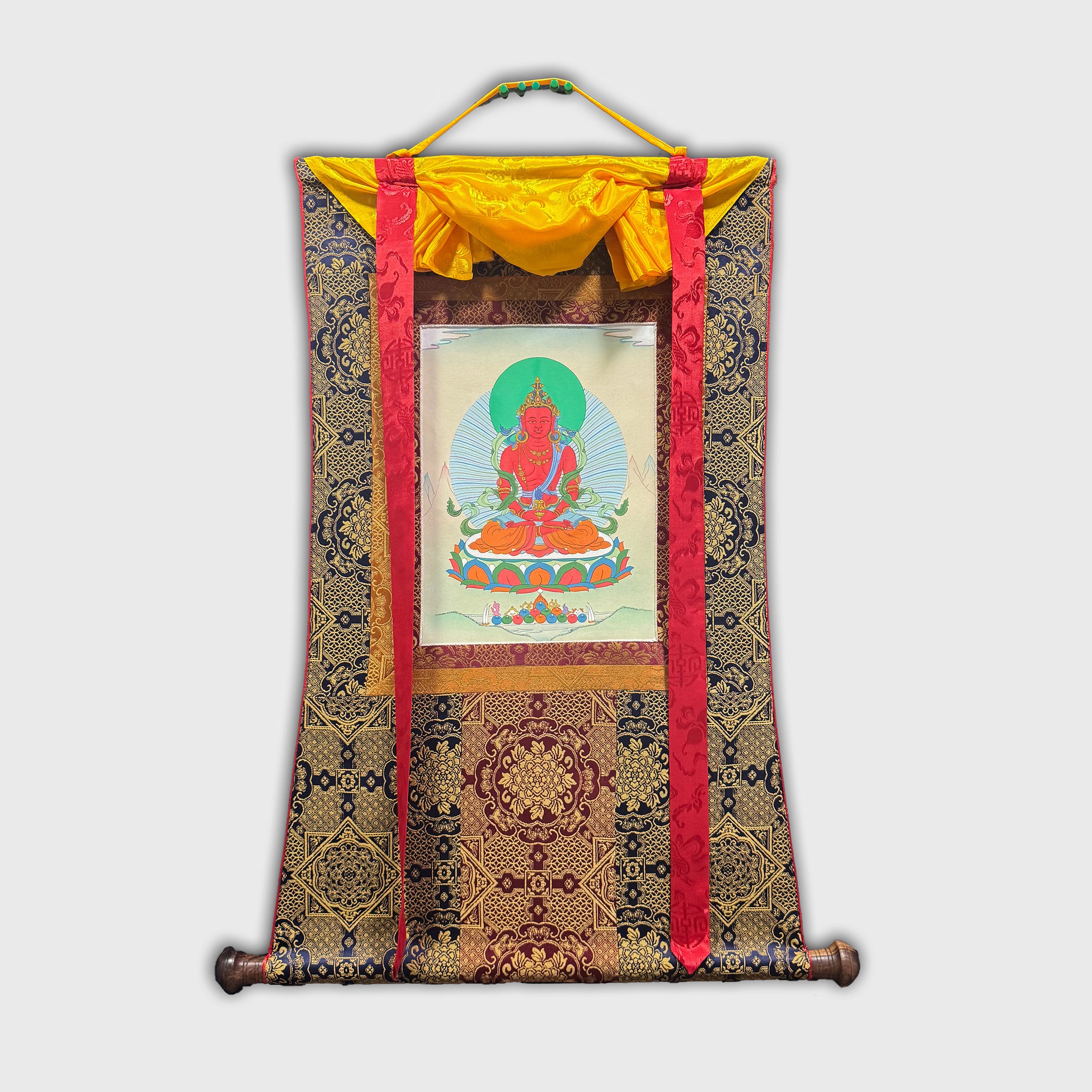 Amitayus, Longevity Buddha | Red Buddha Meditation Artwork With Brocade