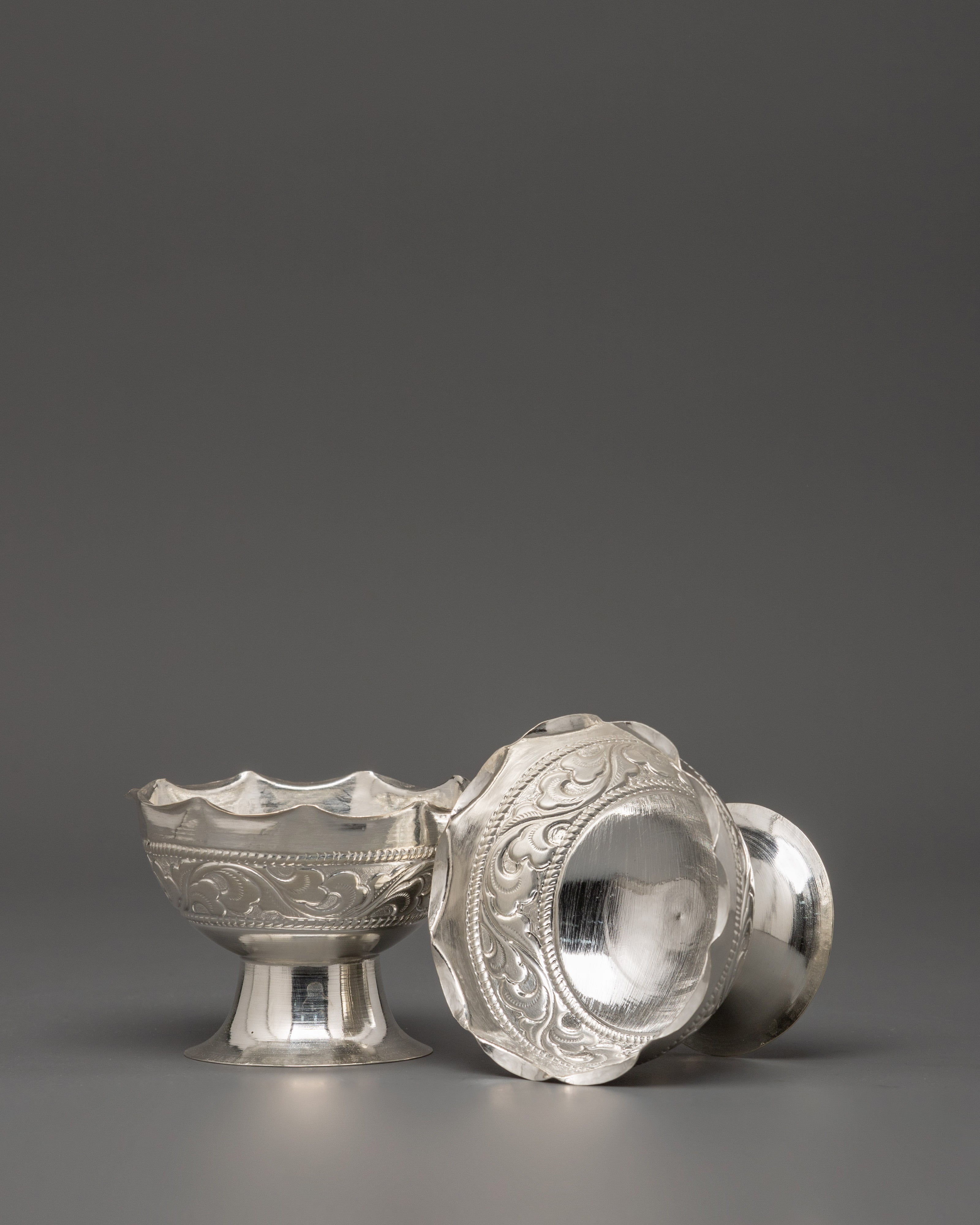 Pure Silver Offering Bowl Set for Ritual Ceremonies | Handcrafted Bowl Set Sacred Buddhist Decor