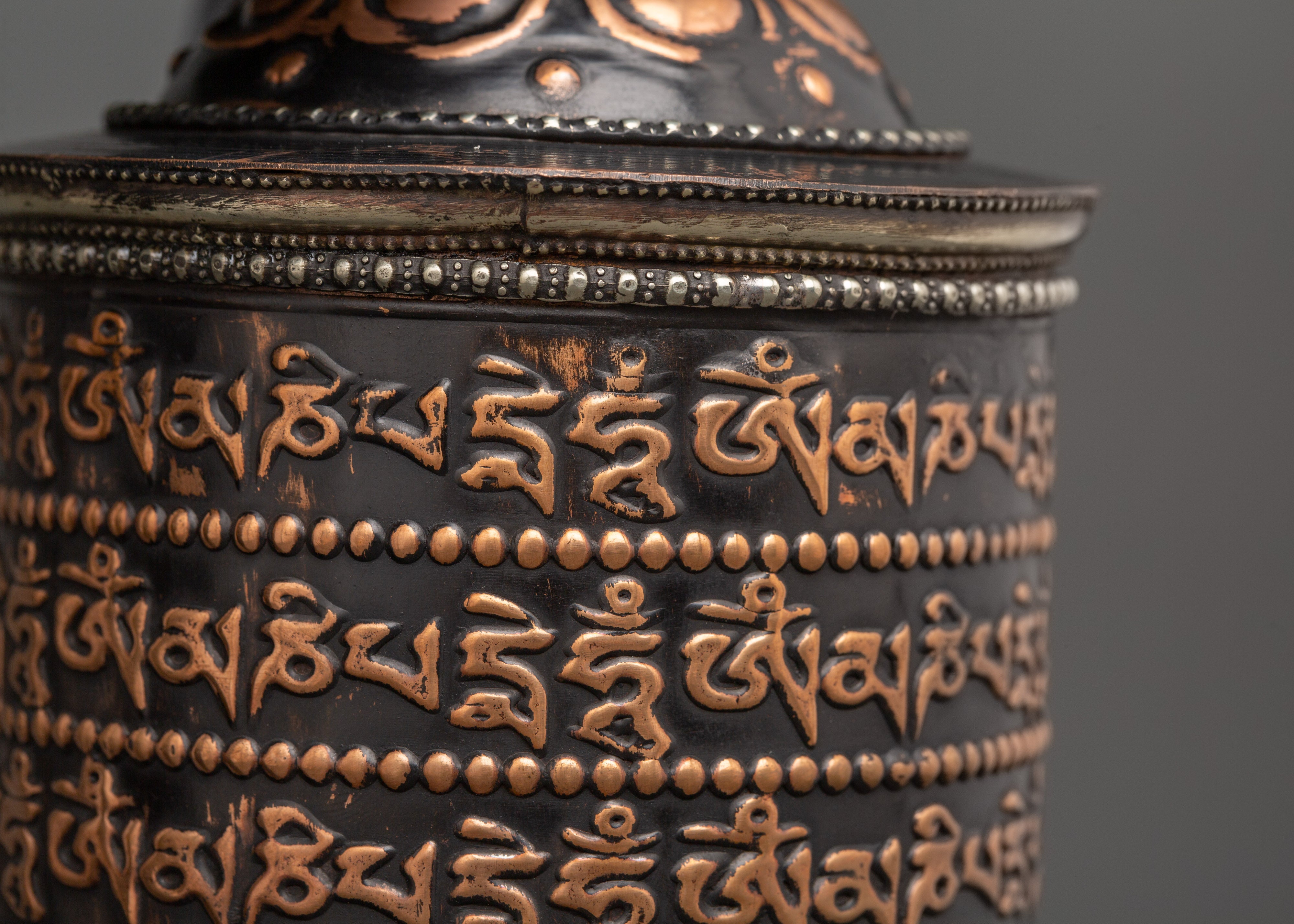 Prayer Wheel with Tibetan Mantras Carved | Meditation, Altar & Rituals Item