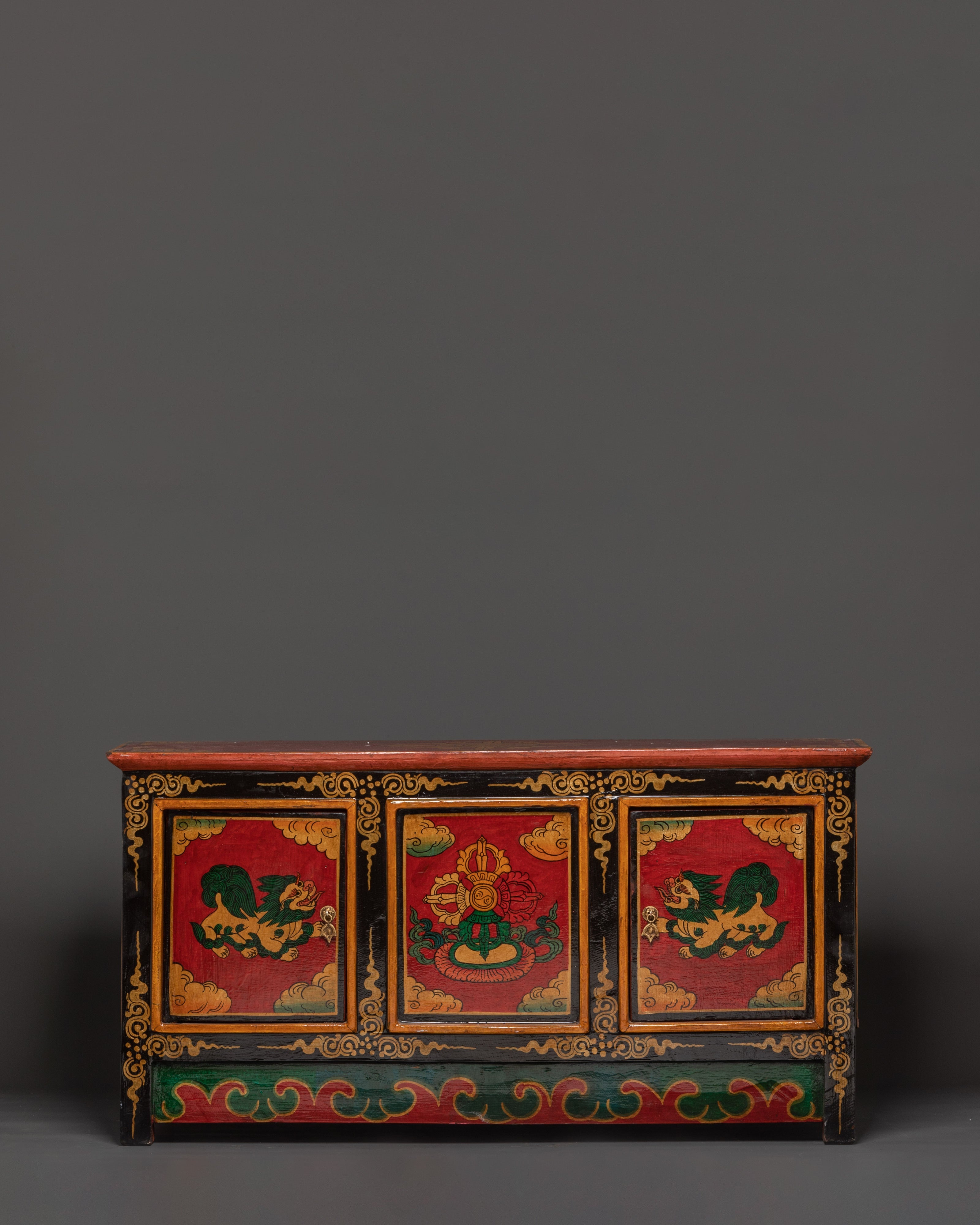 Hand-Carved Tibetan Wooden Cabinet with Door | Sacred Symbols and Artisan Detailing