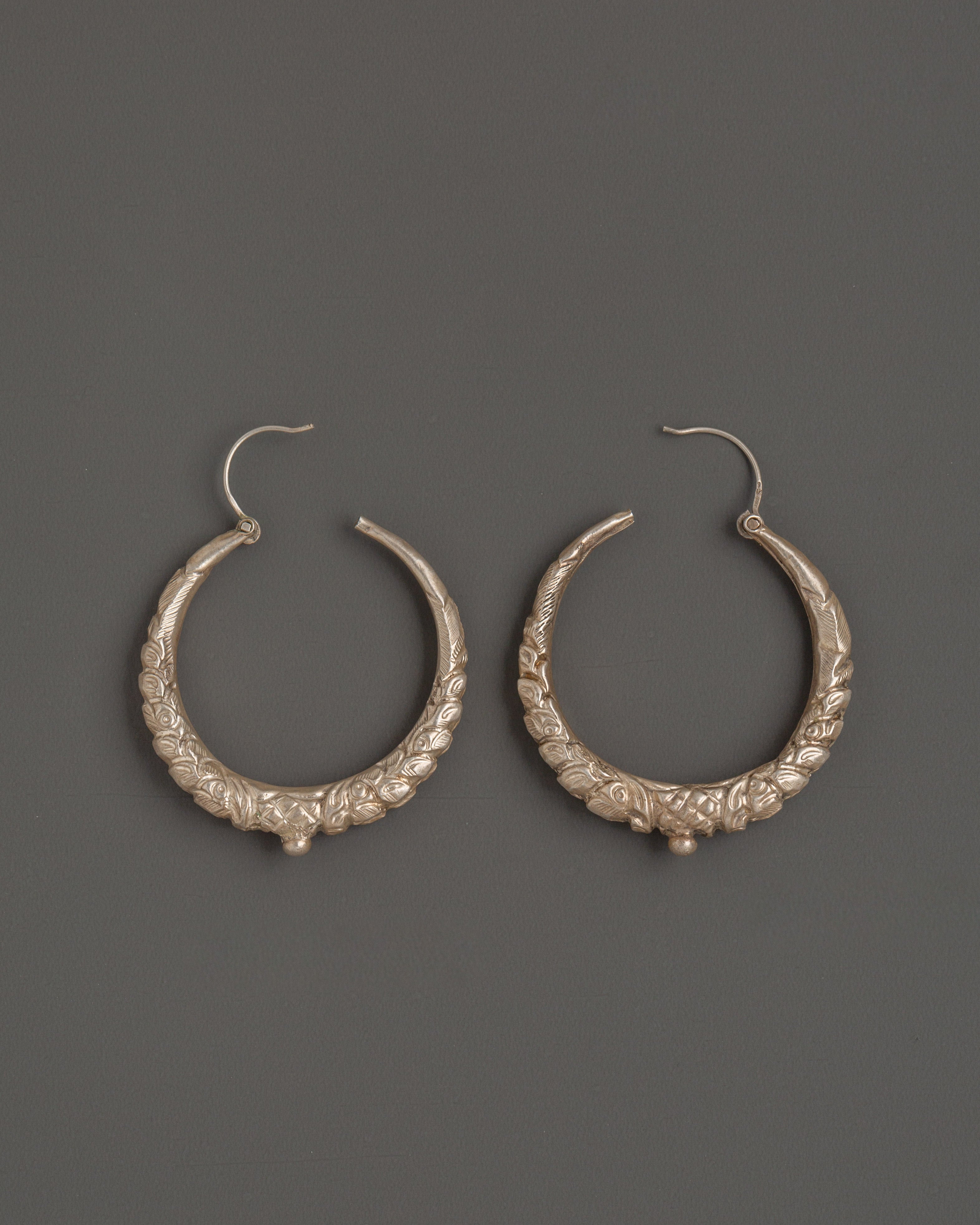 Handcrafted Tibetan Hoop Earrings Set | Traditional Silver Earrings