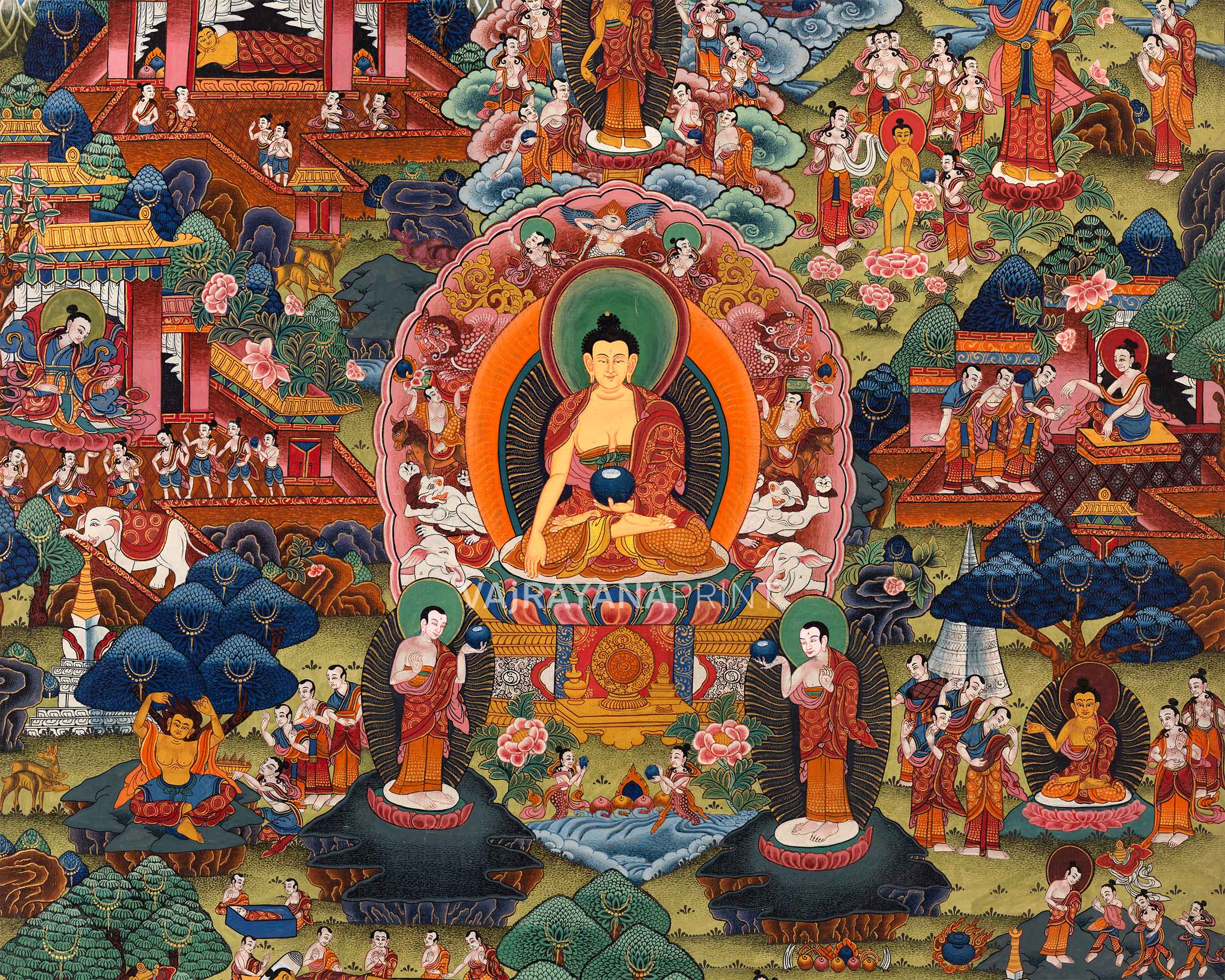 Historical Shakyamuni Buddha Story Nepali Painting Print | Newari Art Print For Mindfulness & Home Decor