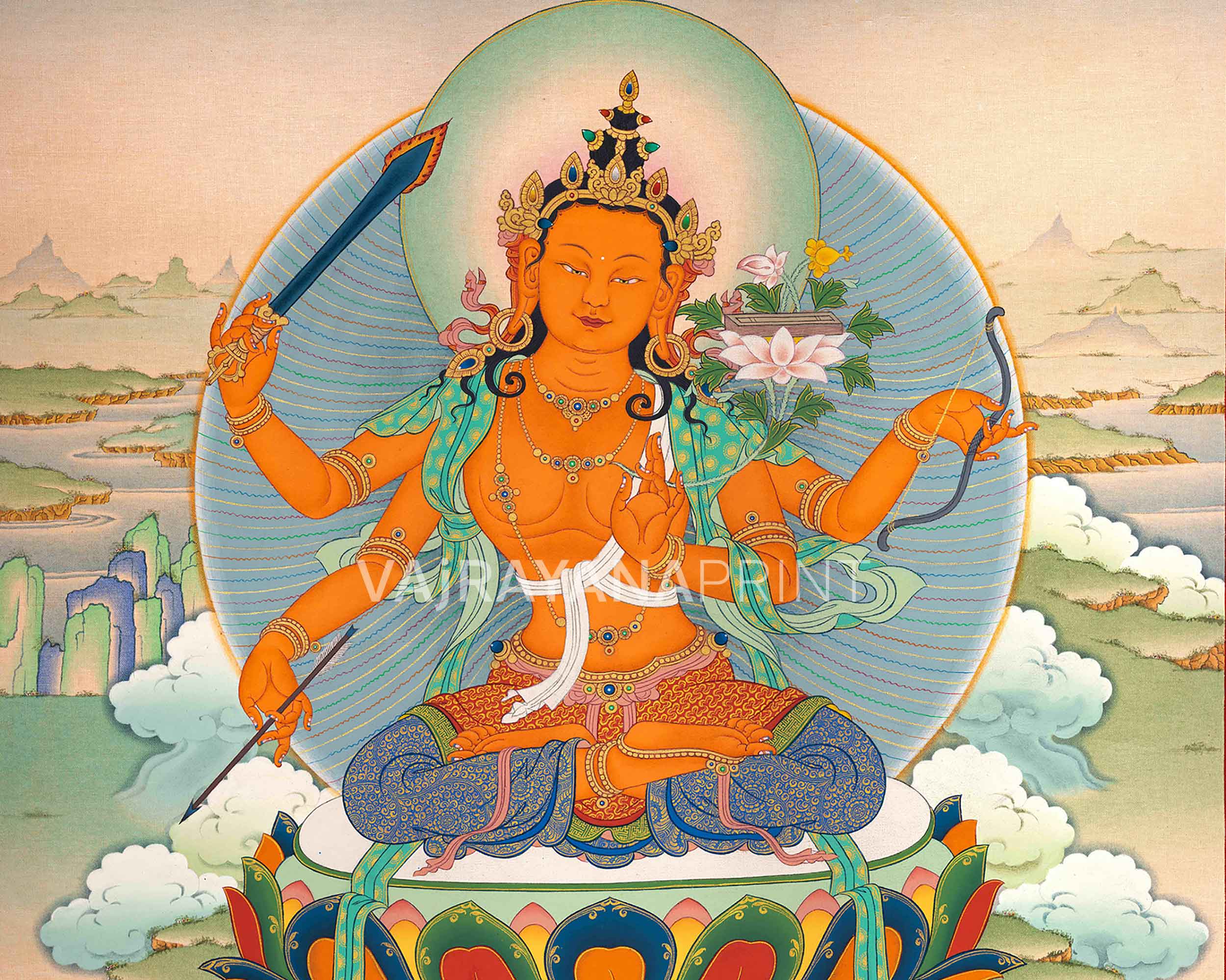 Dive into Knowledge with Manjushri's Thangka Print | Sword of Wisdom