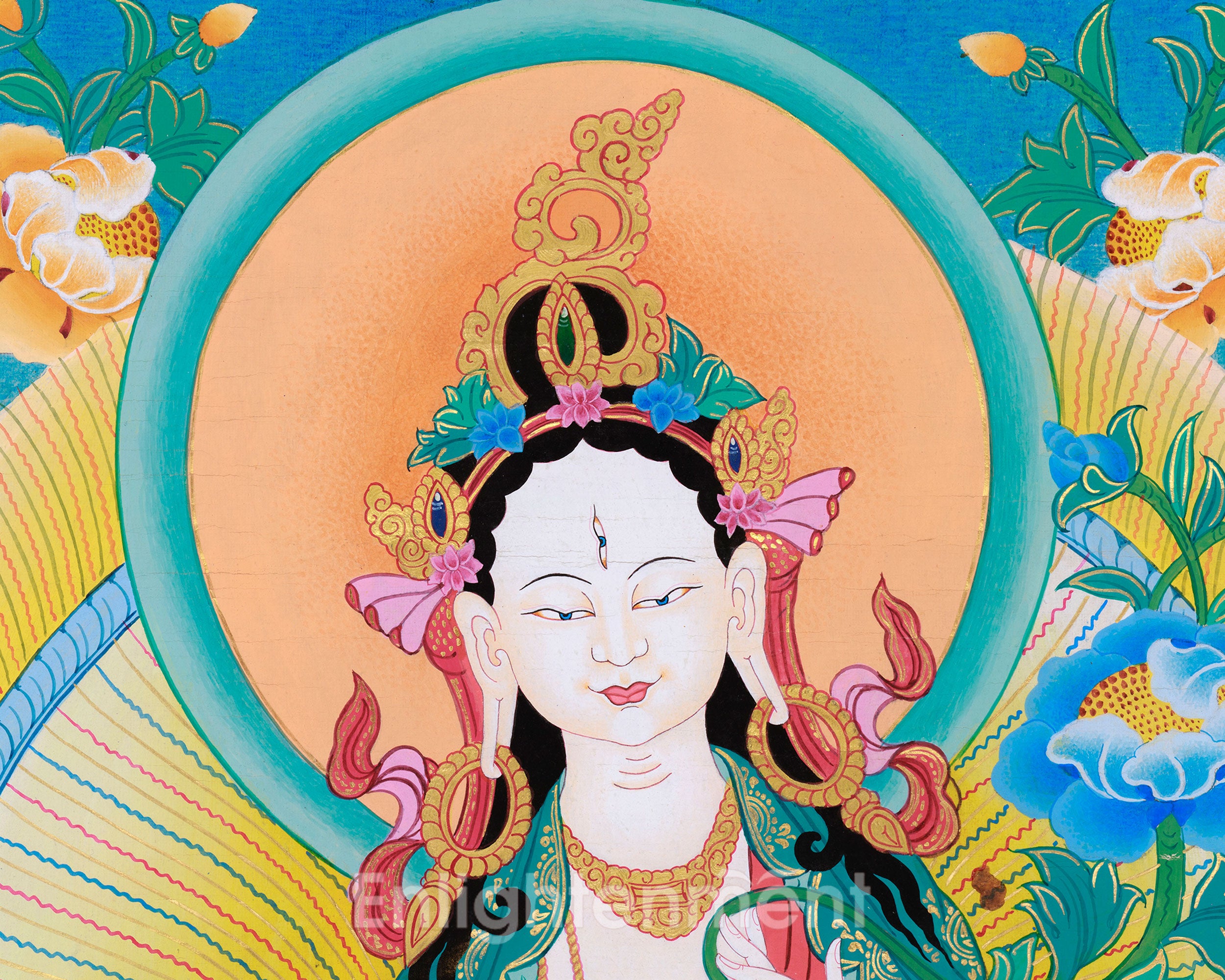 White Tara with Amitayus Buddha Art | Sacred Tibetan Longevity Thangka