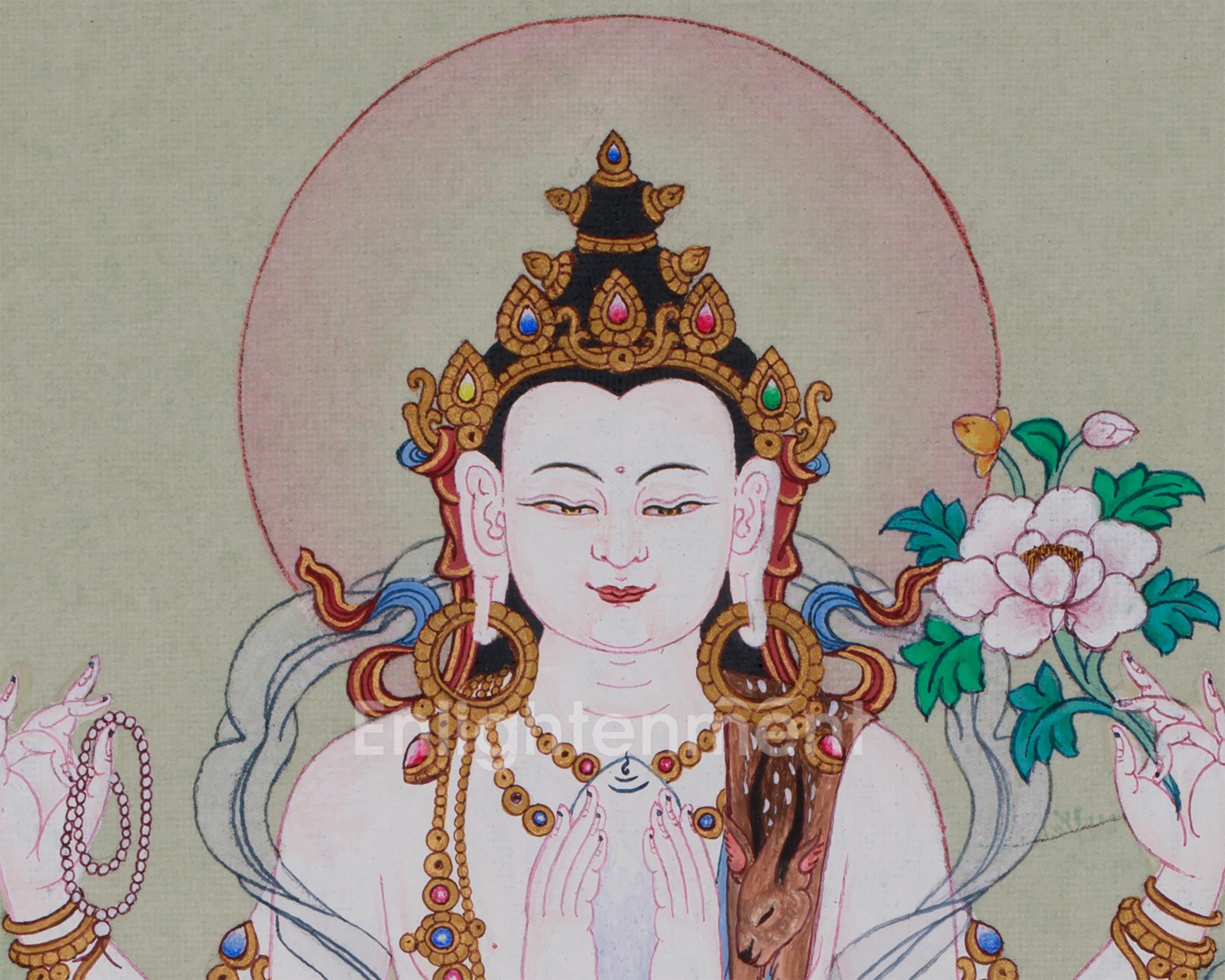 Hand-Painted Mini Chenrezig Thangka | Tibetan Buddha Art of Compassion and Protection