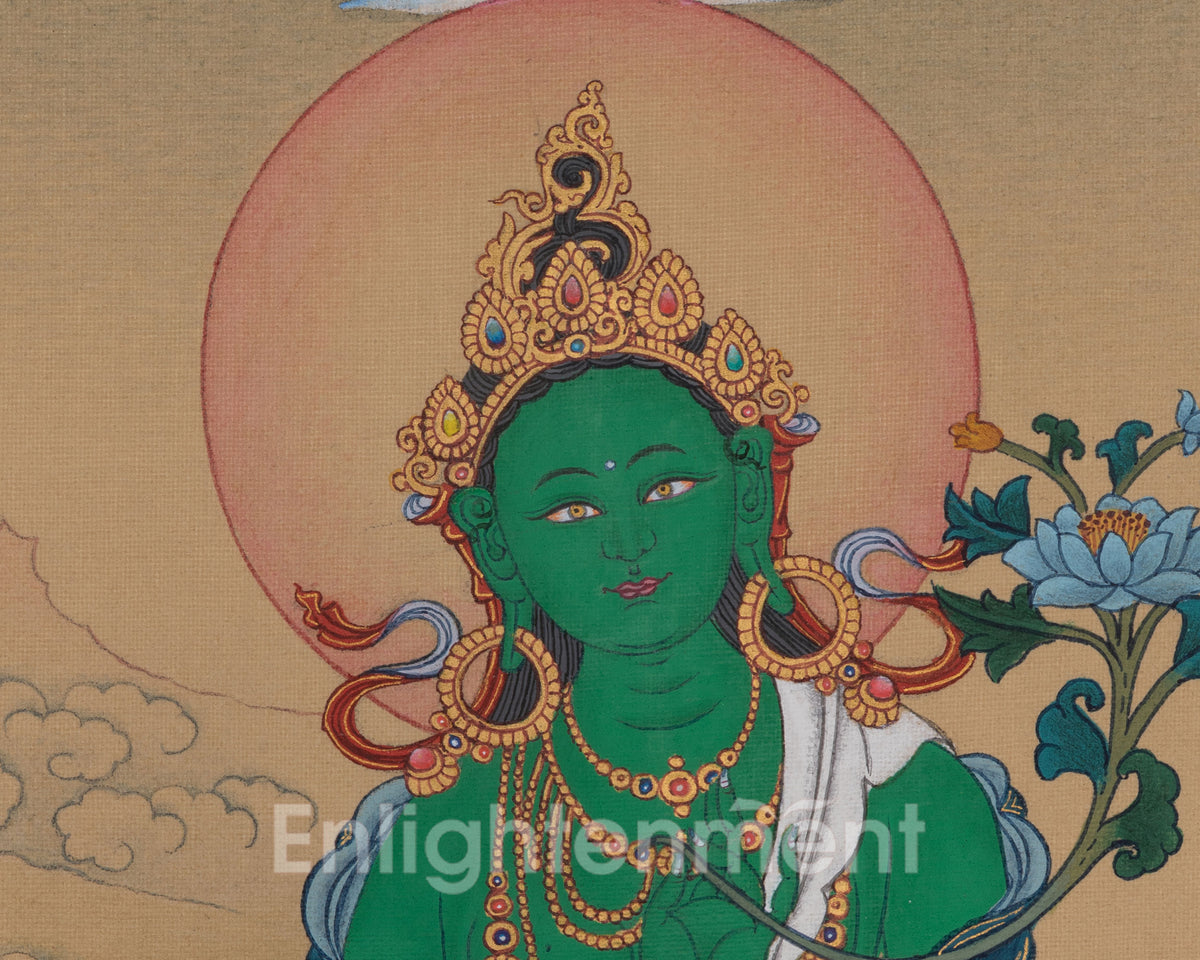 Green Tara with Amitabha Buddha Artwork | Embodies Swift Compassion | Infinite Light