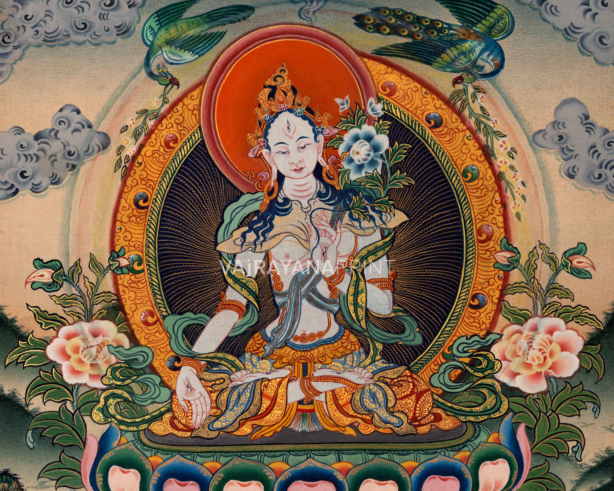 Goddess of Compassion White Tara Thangka Print | Traditional Buddhist Artwork | Gift Ideas