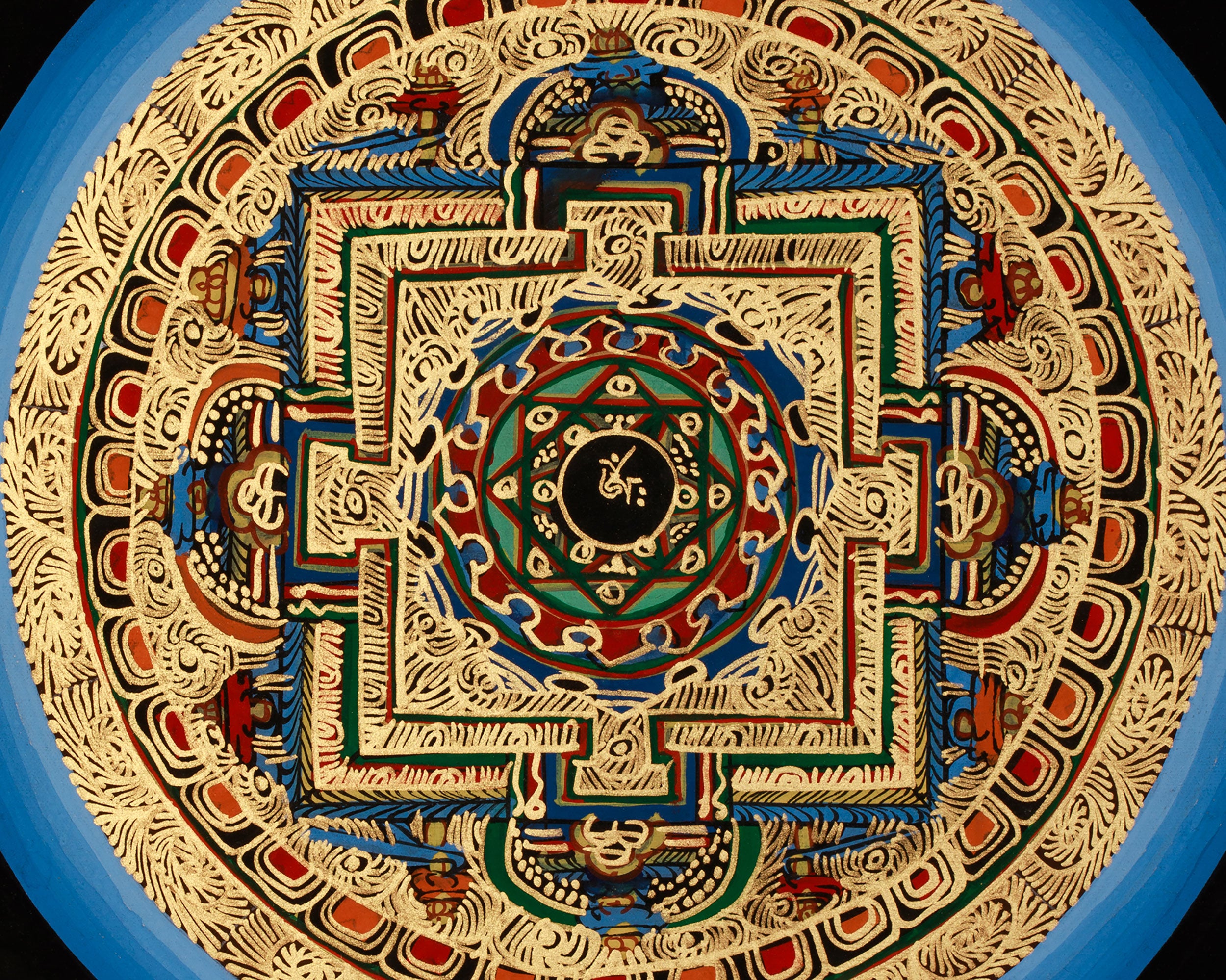 Gold-Embellished Om Mandala Thangka | Spiritual Meditation Art