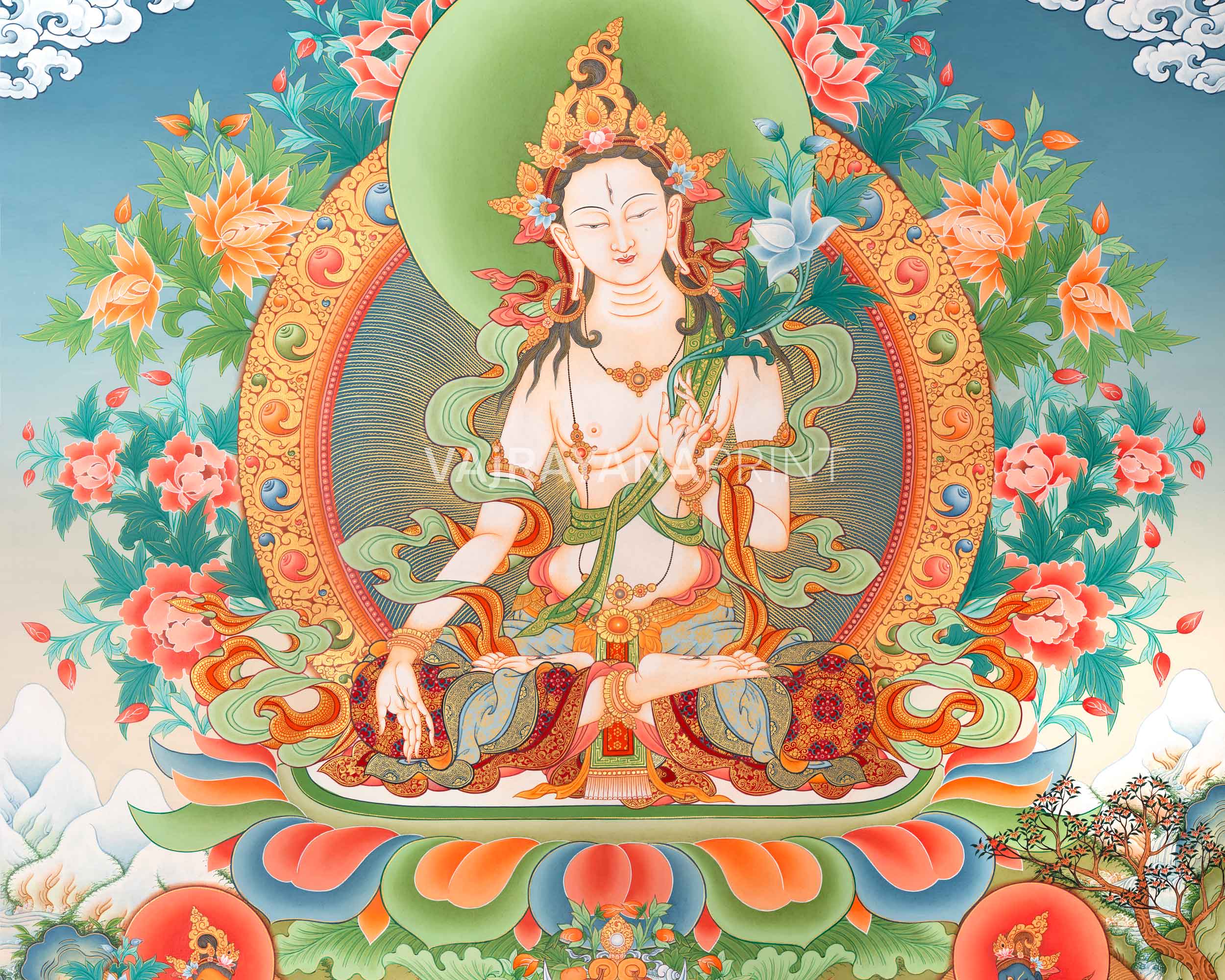 White Tara Devi Buddha On Paubha Print | White Tara The Deity Of Long Life, Health, Healing & Compassion