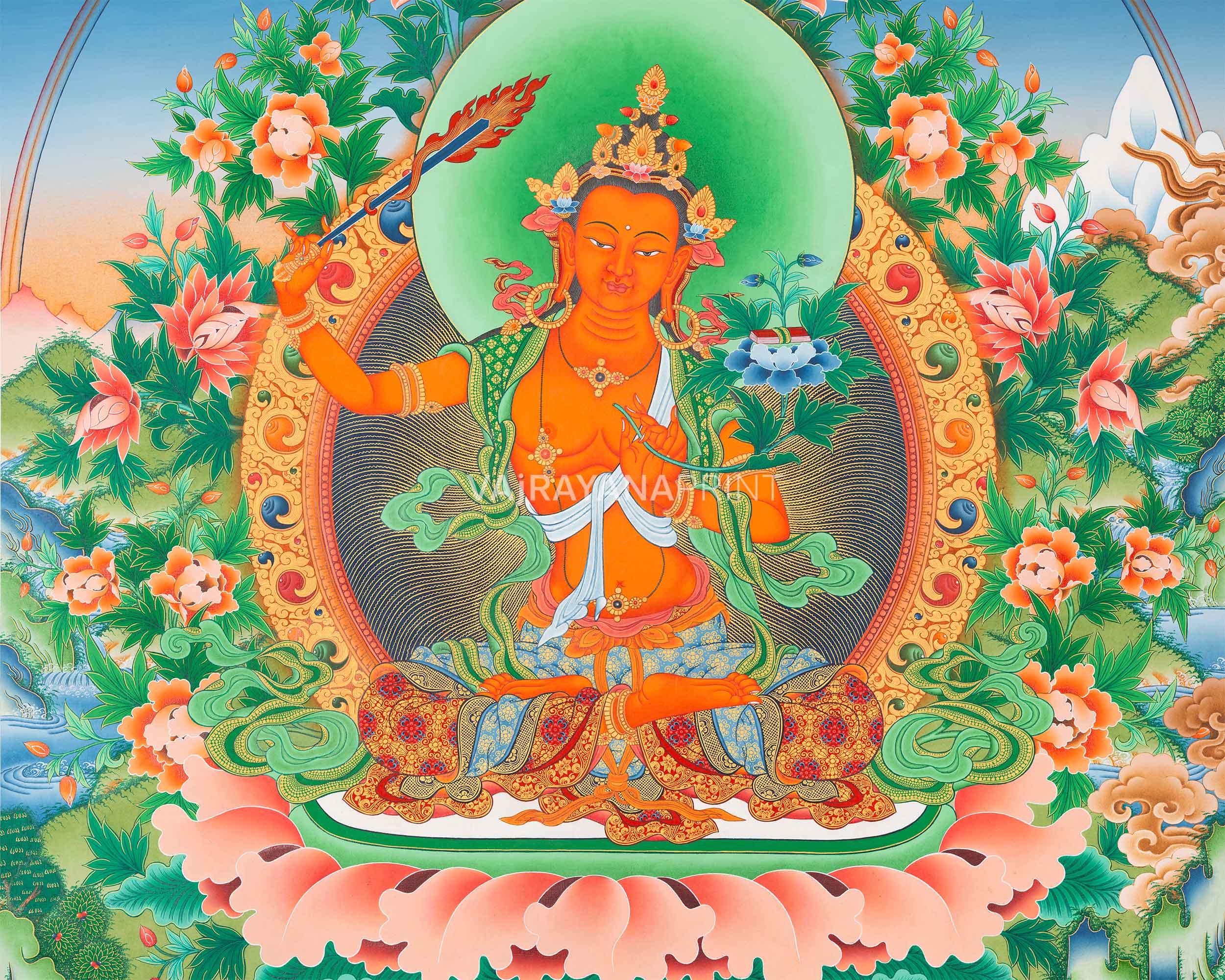 Manjushri The Bodhisattva Of Wisdom Paubha Print | Spiritual Fine Art Print For Room Decoration