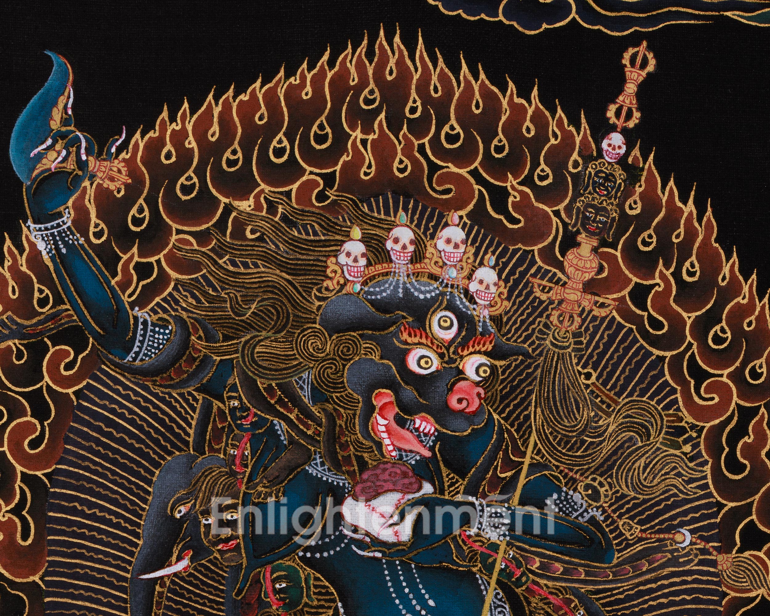 Black and Gold Wrathful Deity Simhamukha | Lion-Headed Dakini Thangka