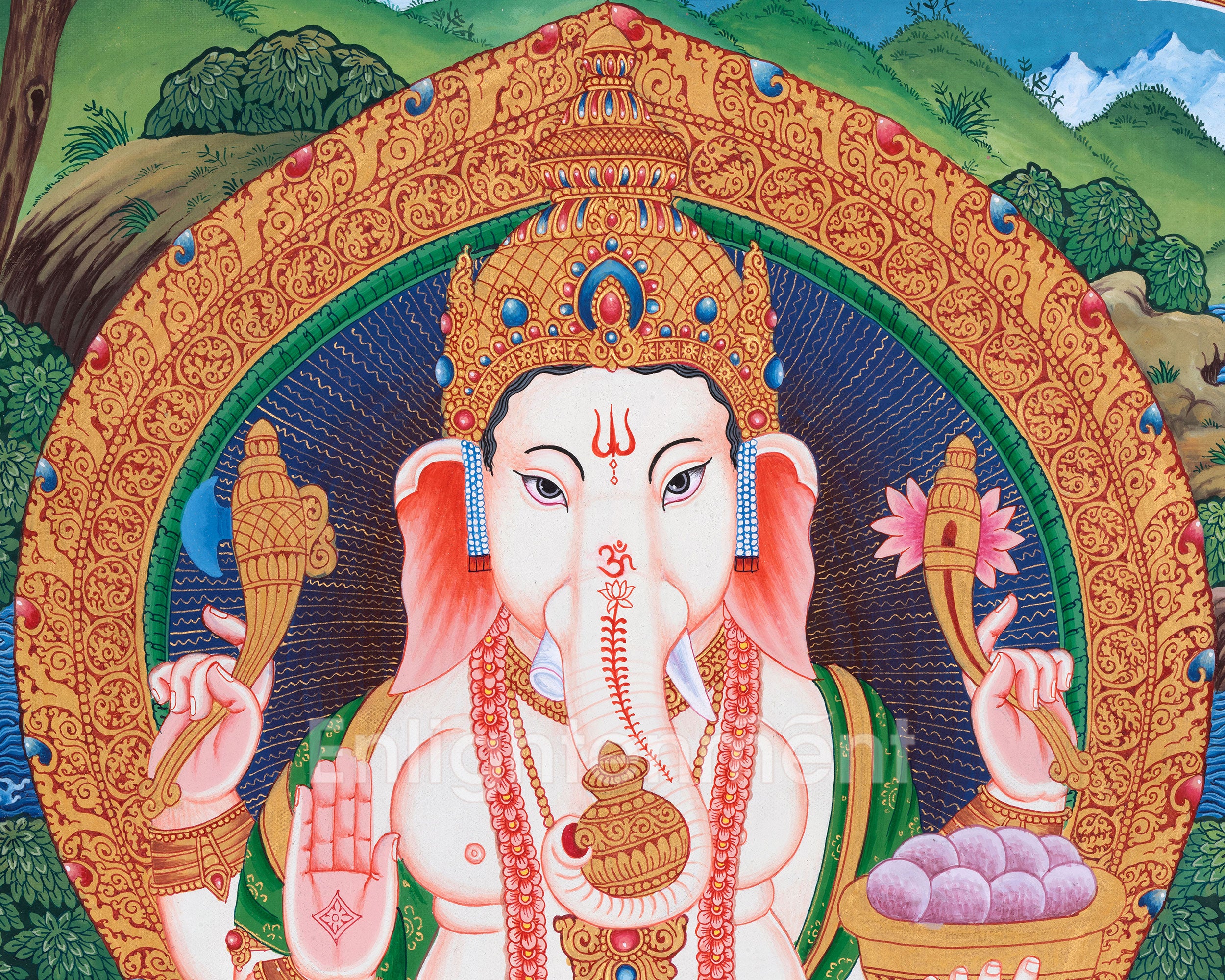 Ganesh Thangka Painting With Kartikeya and Saraswati | Ganapati Baba Canvas Art