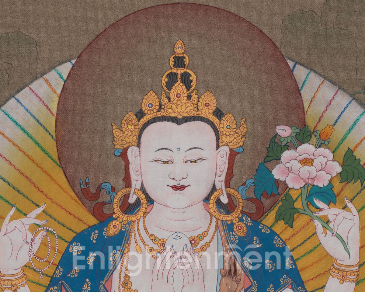 Chenrezig With Manjushri And Vajrapani Thangka | Buddhist Three Bodhisattvas Artwork