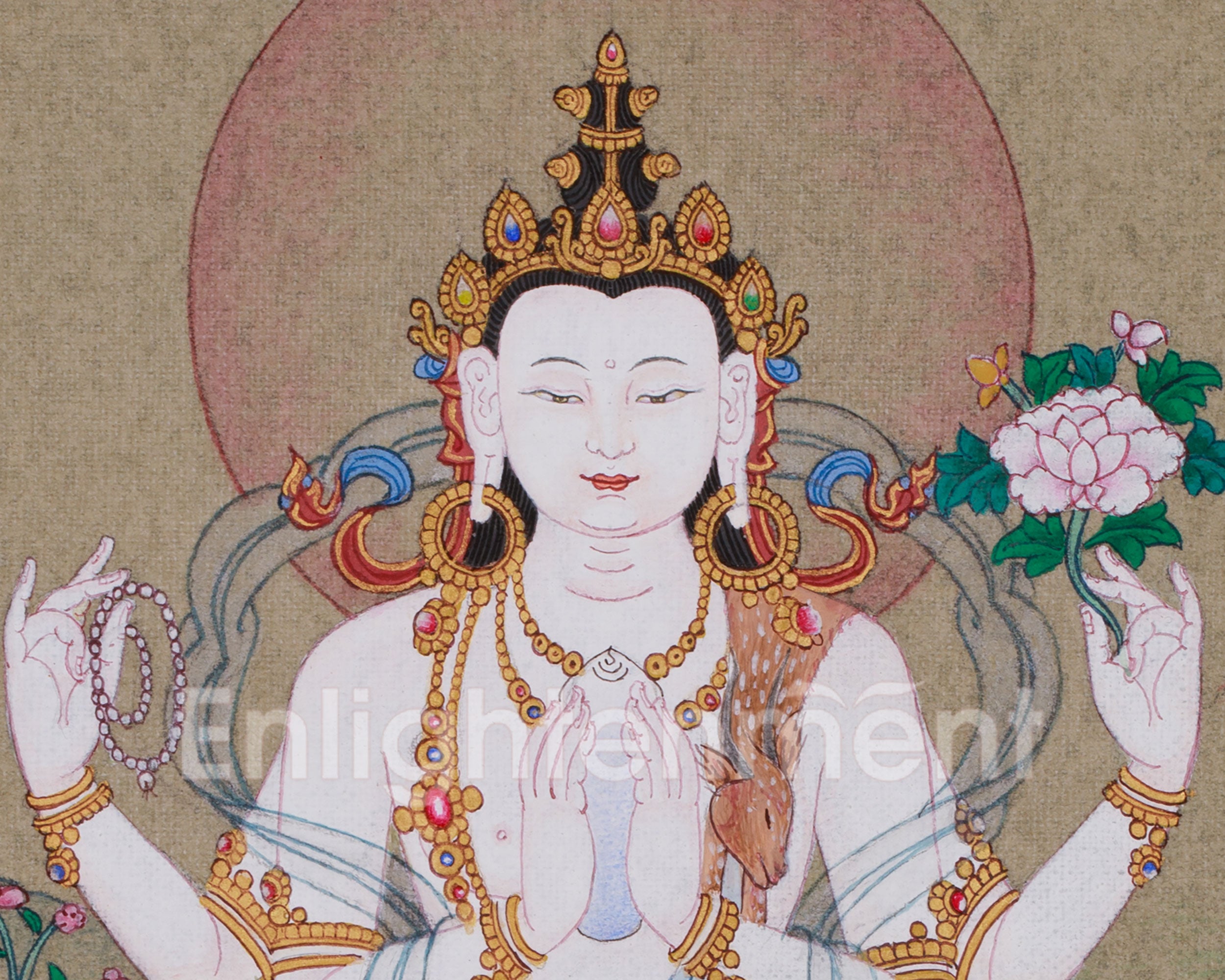 Hand-Painted Tibetan Chenrezig Thangka | Avalokiteshvara Compassionate Deity
