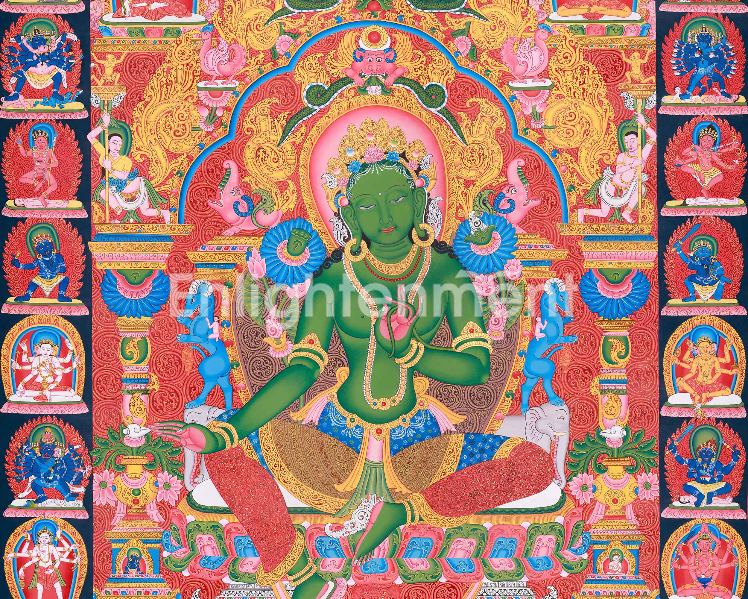 Green Tara and Divine Deities Thangka | Religious Hand Painted Art | Spiritual Decors