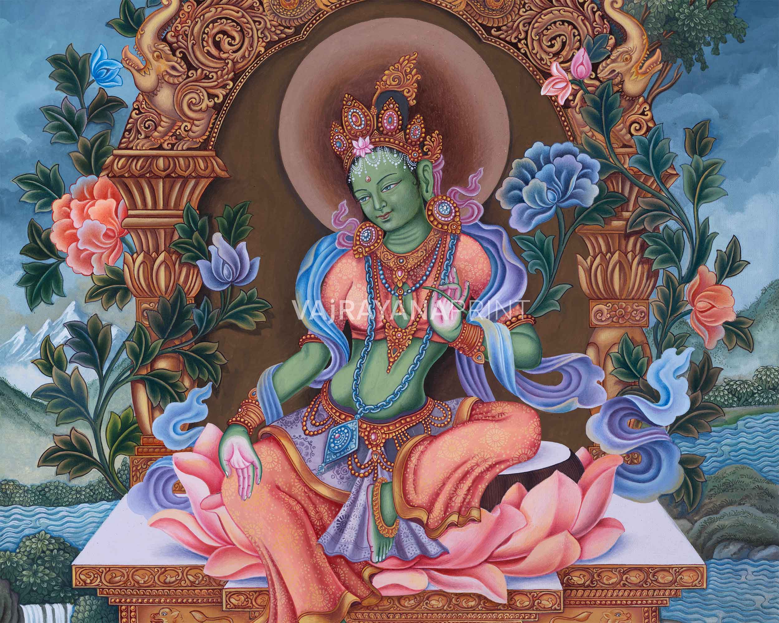 Divine Mother Green Tara Thangka Print | Traditional Artwork | Wall Decors