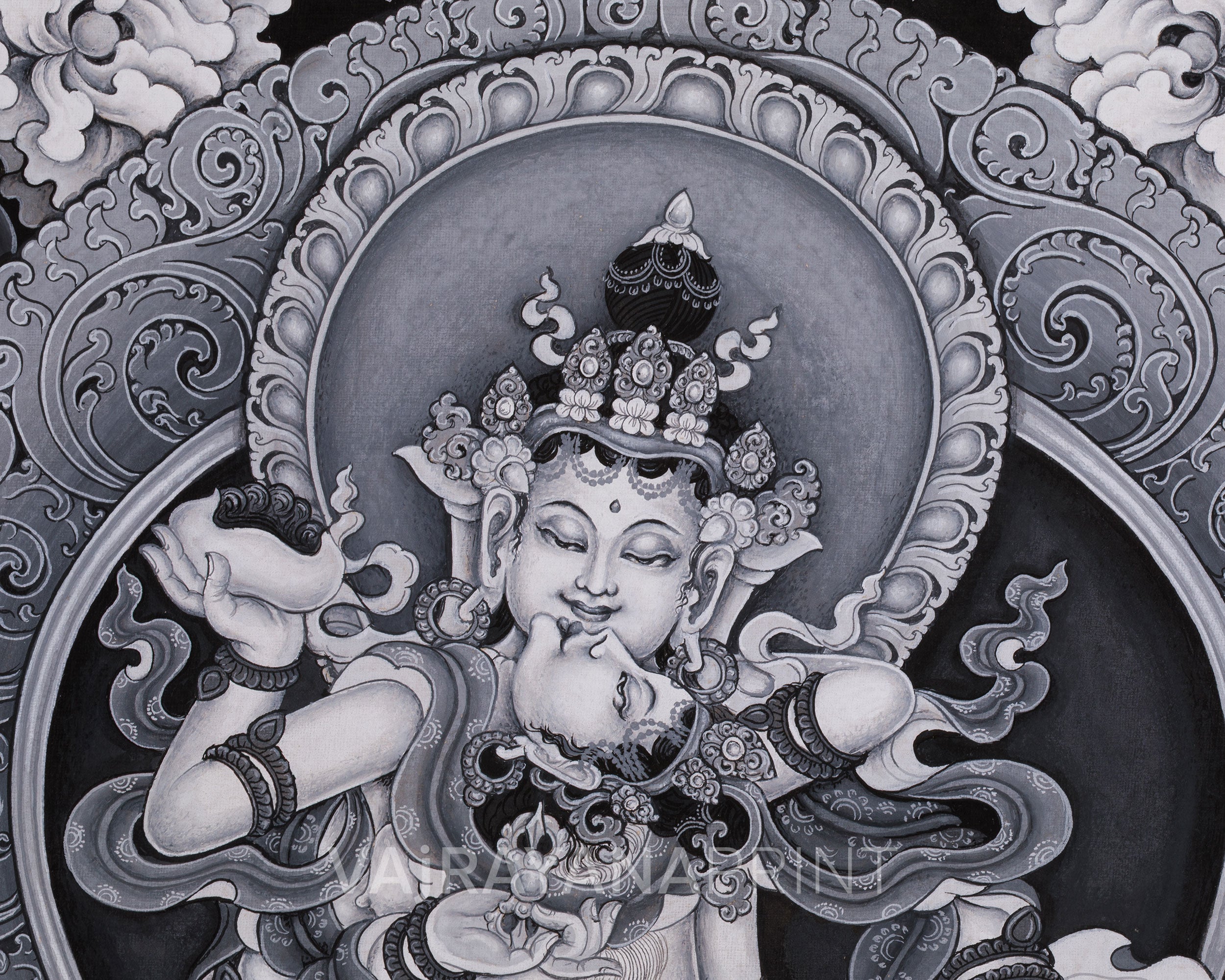 Vajrasattva with Consort Paubha Art | Black and White Print for Purification & Wisdom