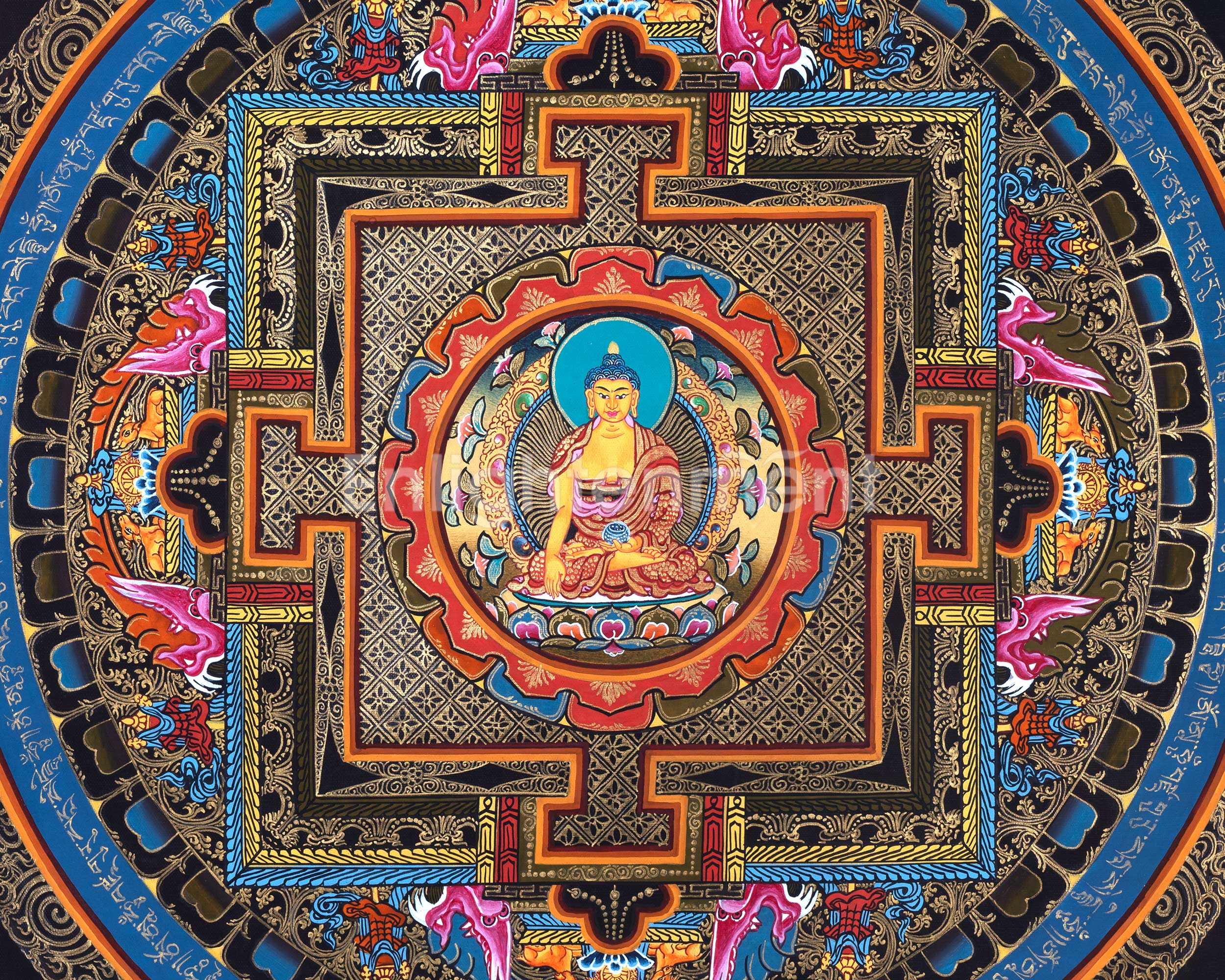 Buddha Shakyamuni Mandala Thangka Painting | Himalayan Buddhist Art of Buddha On Lotus Throne | 24 K Gold Work On Black Base Color