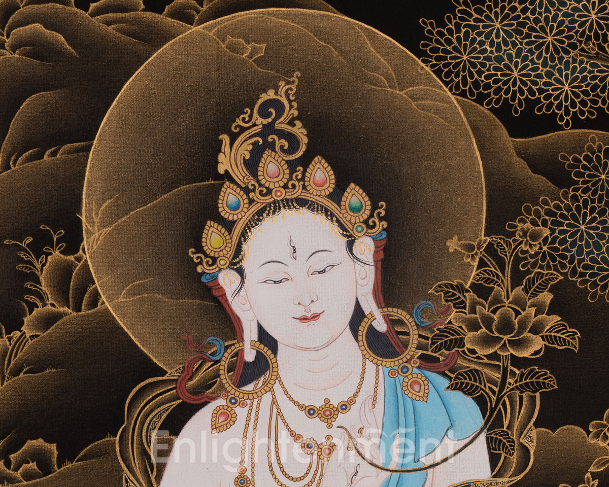 White Tara Peaceful Thangka | Buddhist Art of Compassion and Longevity