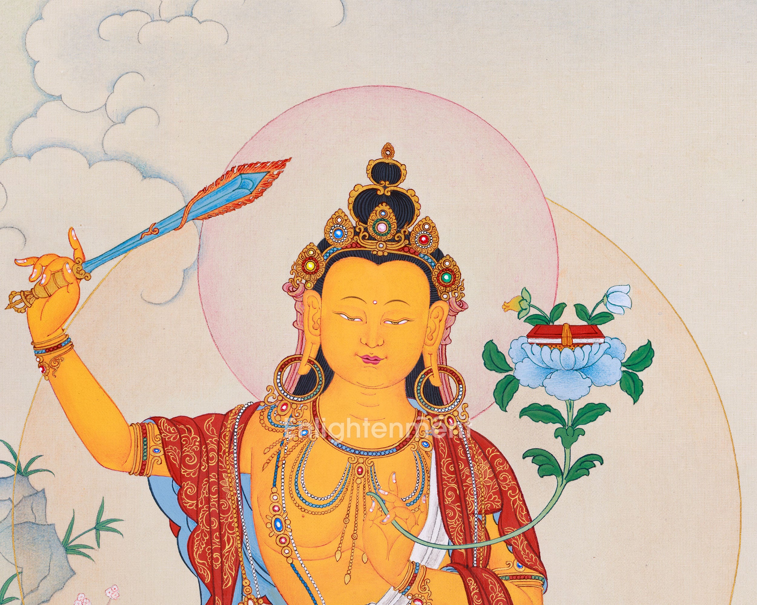 Symbol of Wisdom: Manjushri Thangka | Hand-Painted Tibetan Artwork
