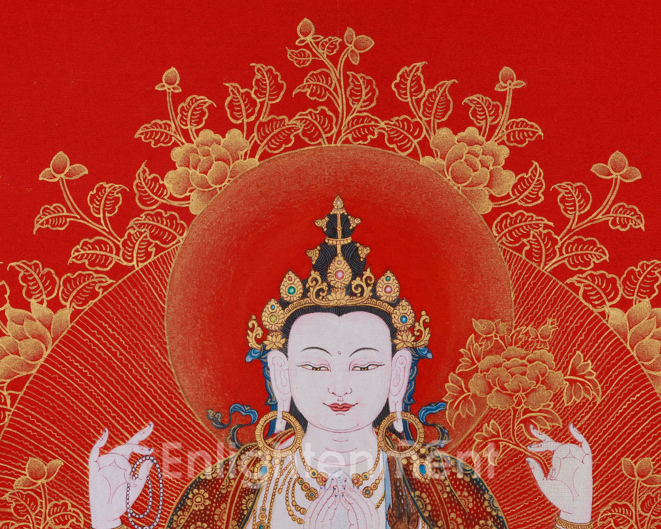Golden Grace on Red, 4 Arms Avalokiteshvara Thangka, Deity of Compassion
