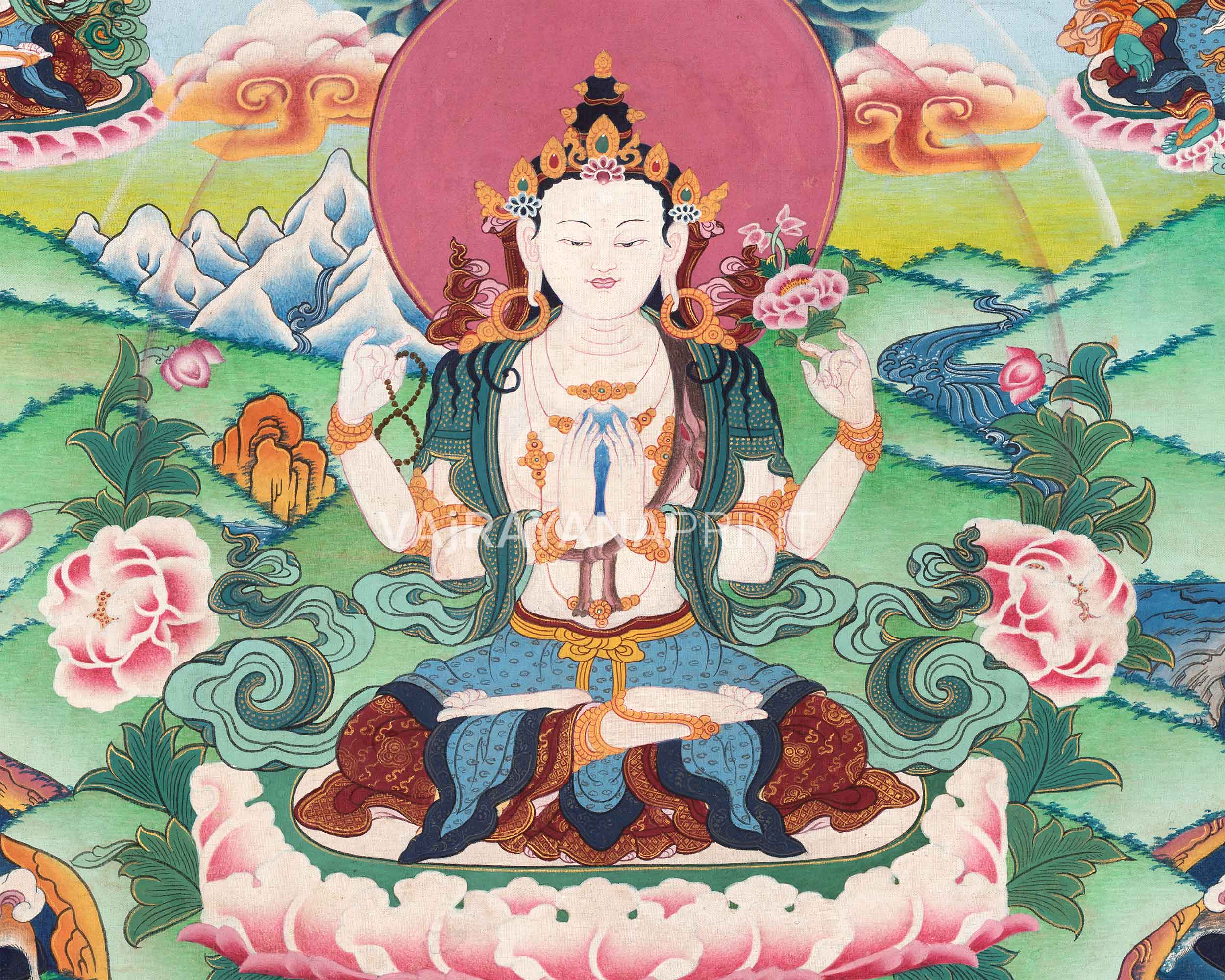 High-Quality Avalokiteshvara Mantra Practice Thangka Print | Chenrezig The Principle Patron Deity Of Tibet Wall Hanging