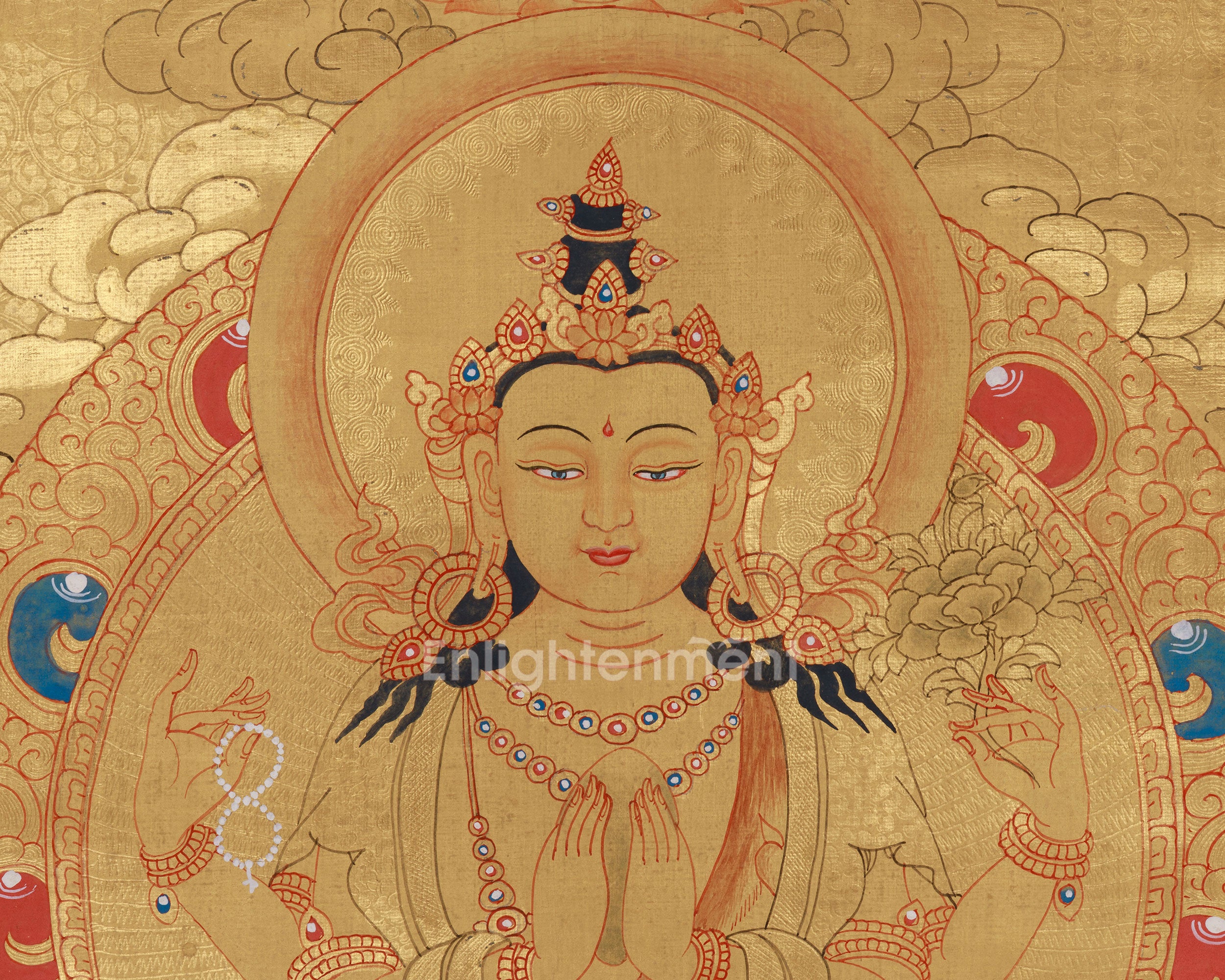 Traditional Thangka Of Four-Armed Chenrezig | With Buddha and Other Bodhisattvas